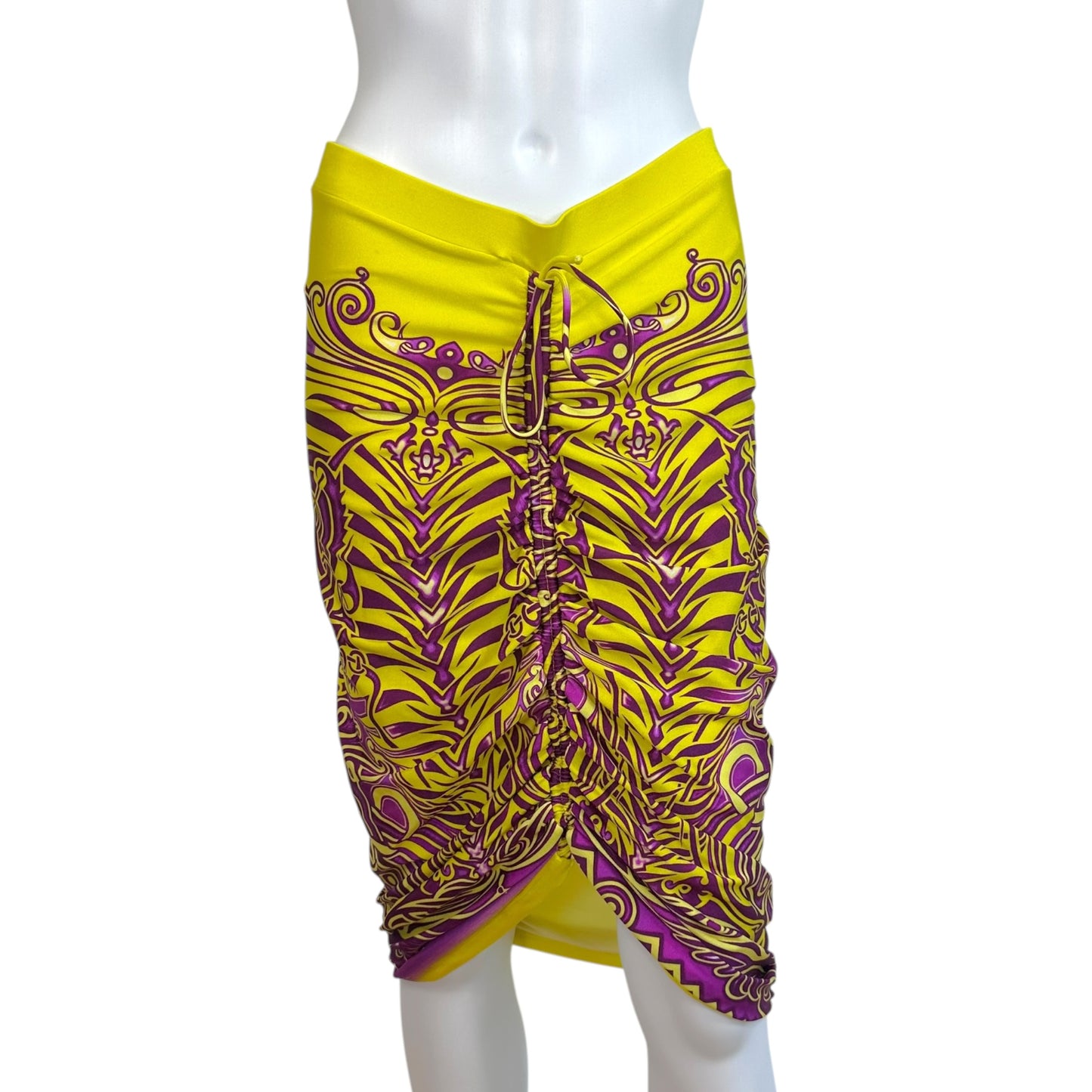 Jean Paul Gaultier Soleil Yellow & Purple Tribal Print Ruched Midi Skirt