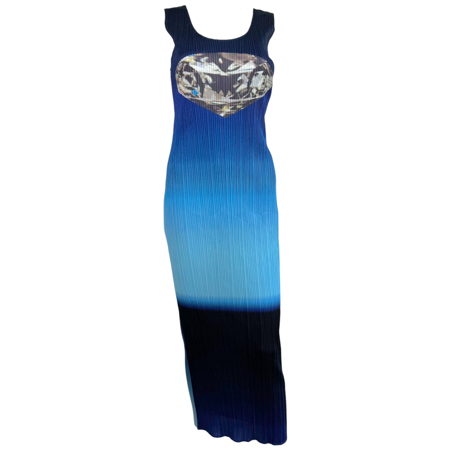 Issey Miyake Pleats Please Blue Ombre Diamond Graphic Print Pleated Maxi Dress Sz 4