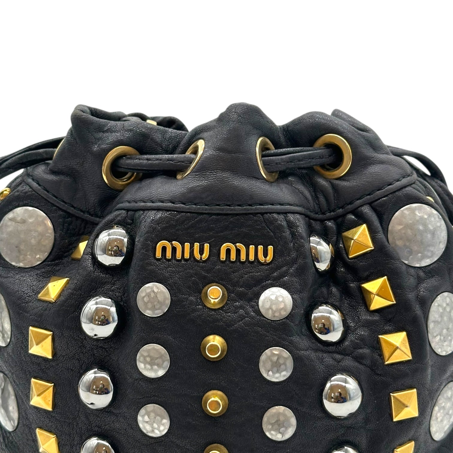 Miu Miu Silver & Gold Studded Mini Crossbody Bucket Bag - Outfit Repeater