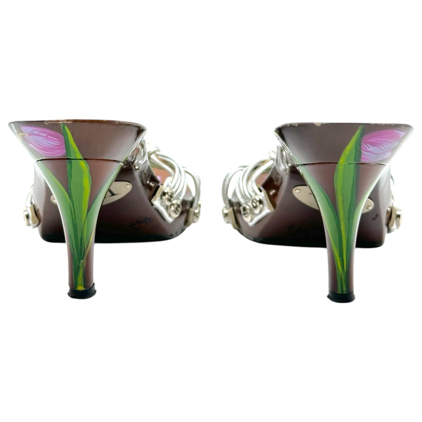 Christian Dior Silver Leather & Hand Painted Wooden Mule Heels