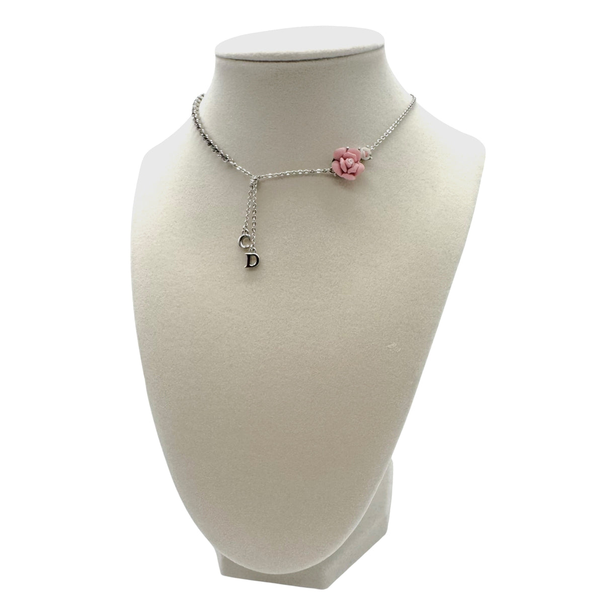 Christian Dior Silver Rhinestone Flower & Bow Logo Necklace