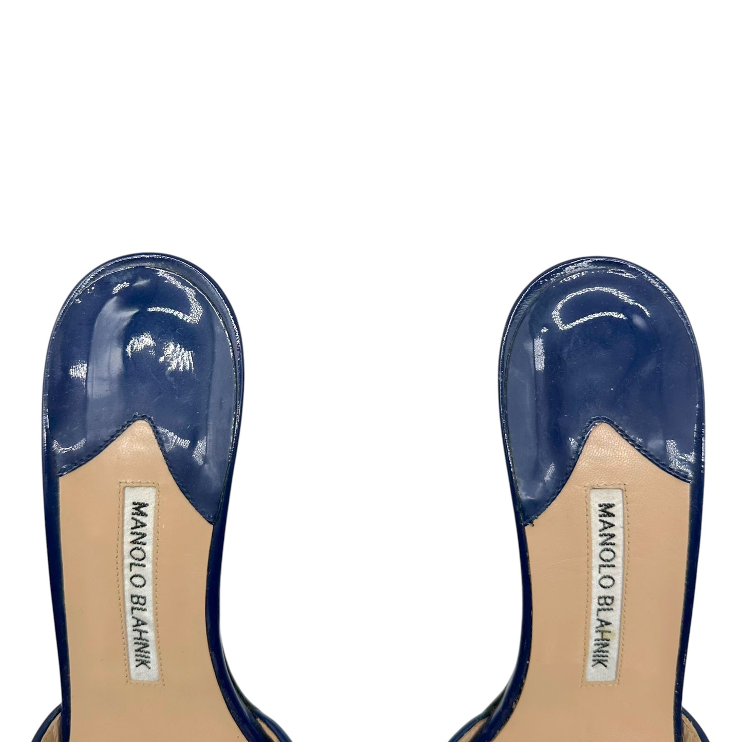 Manolo Blahnik Blue Patent & Multicolor Tweed Kitten Heel Sandal Mules