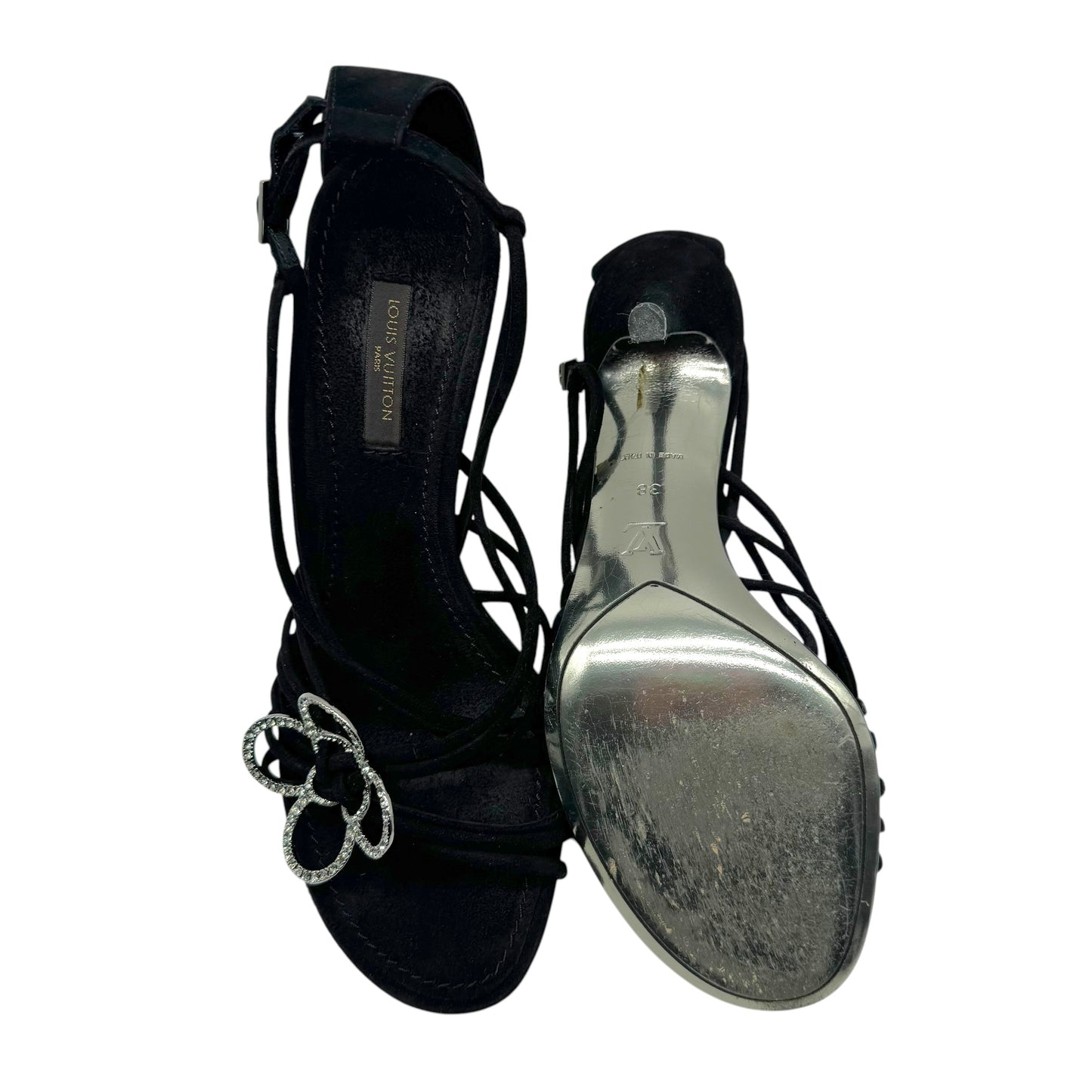 Louis Vuitton Black Strappy Crystal Flower Logo Sandal Heels