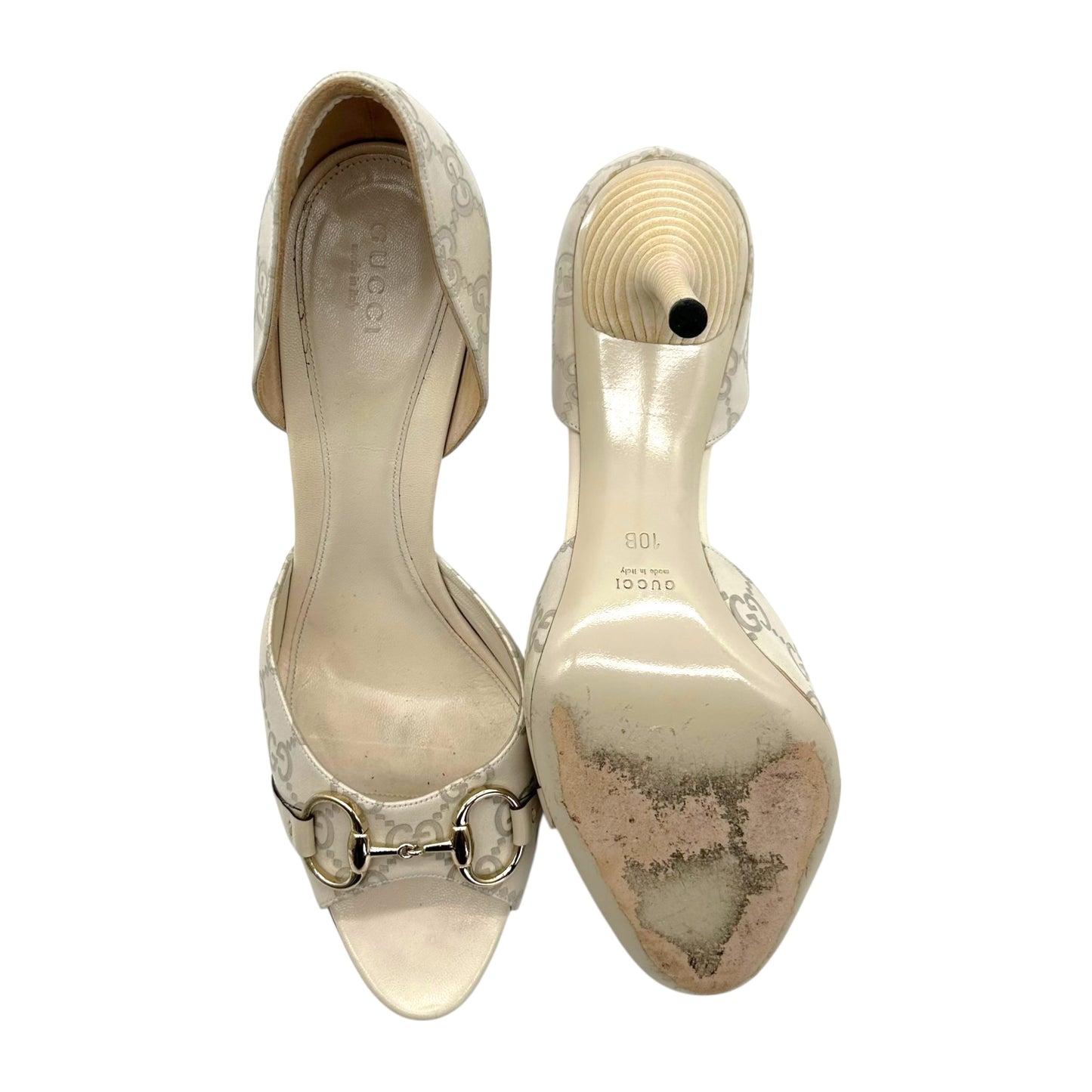 Gucci Ivory Leather Guccissima Horsebit Kitten Heels
