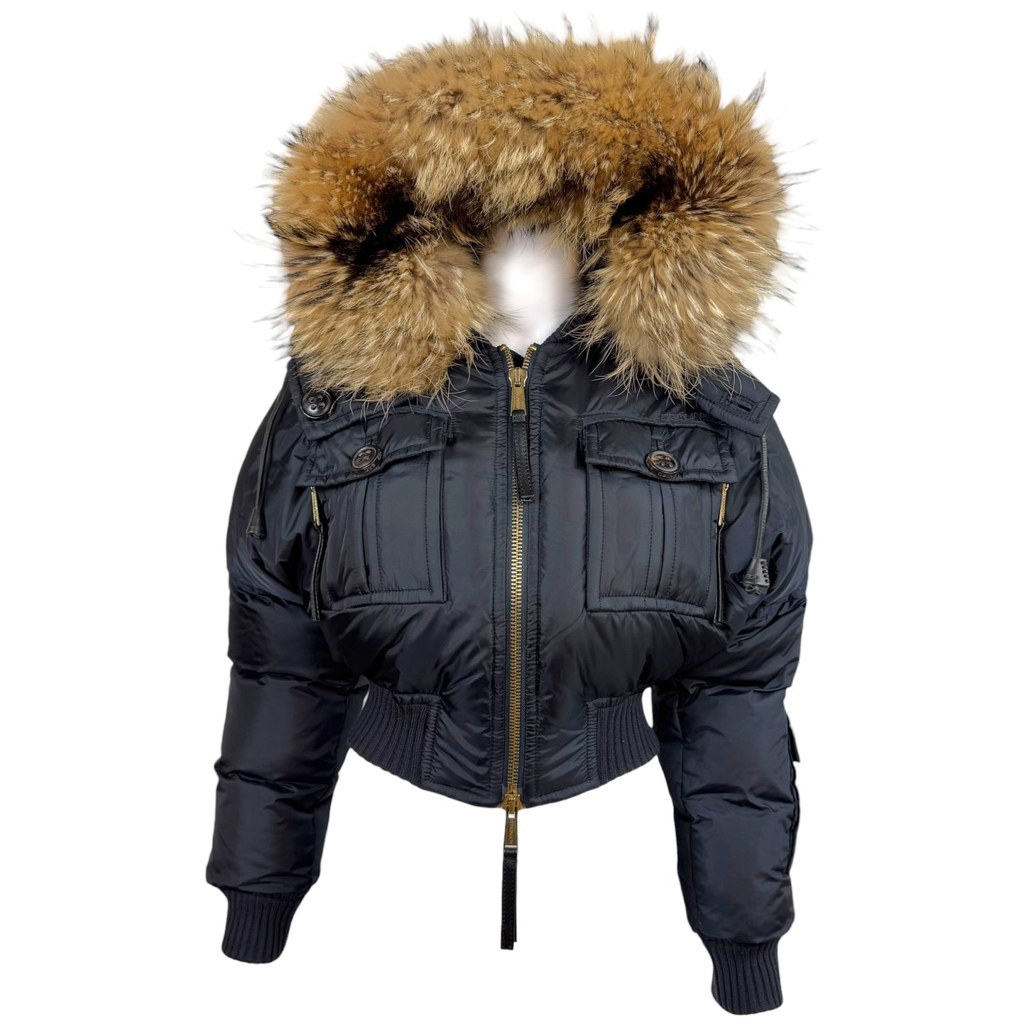Dsquared2 Navy Blue Down Fill Fox Fur Trim Hood Cropped Bomber Puffer Coat
