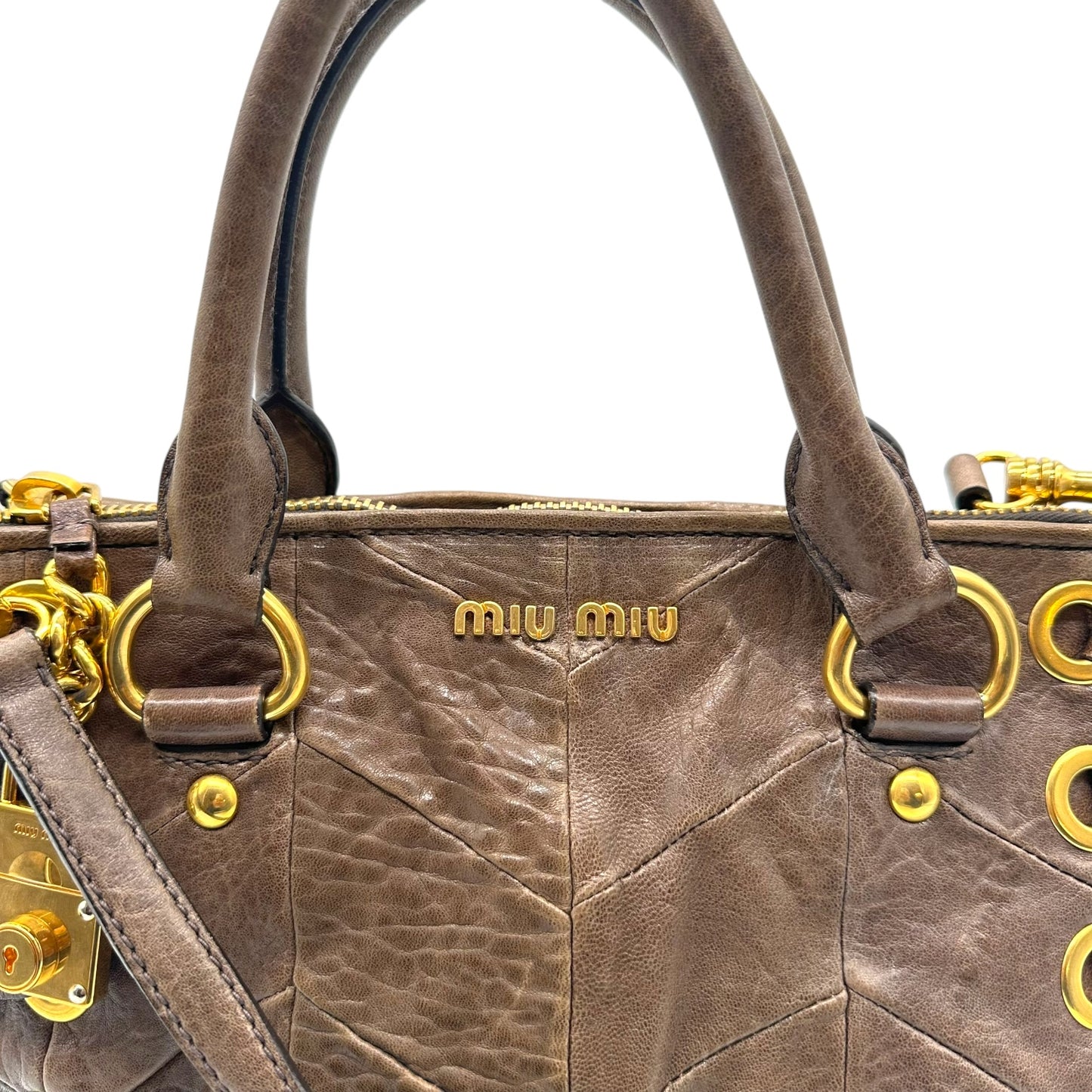 Miu Miu Brown Leather & Gold Rivet Studded 2-Way Bag