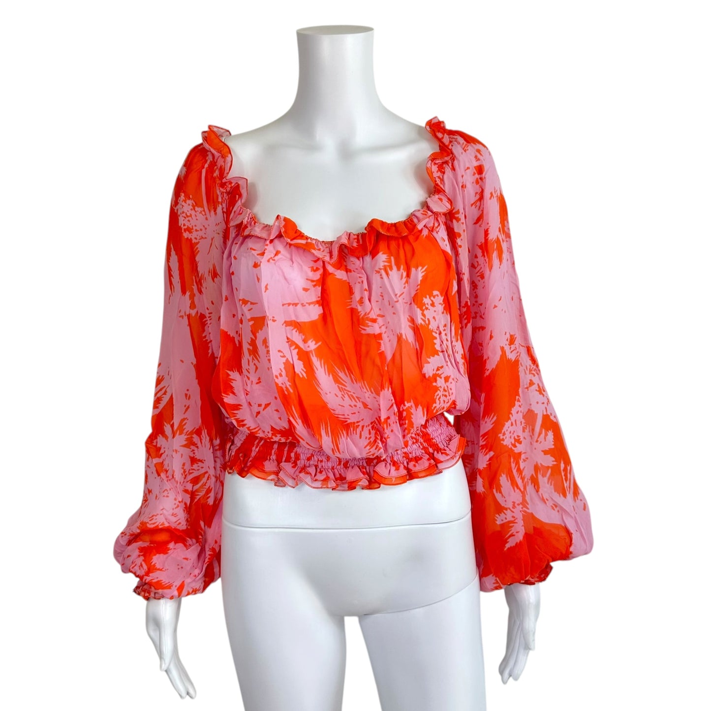 Iceberg Pink & Orange Palm Tree Print Semi-Sheer Silk Blouse