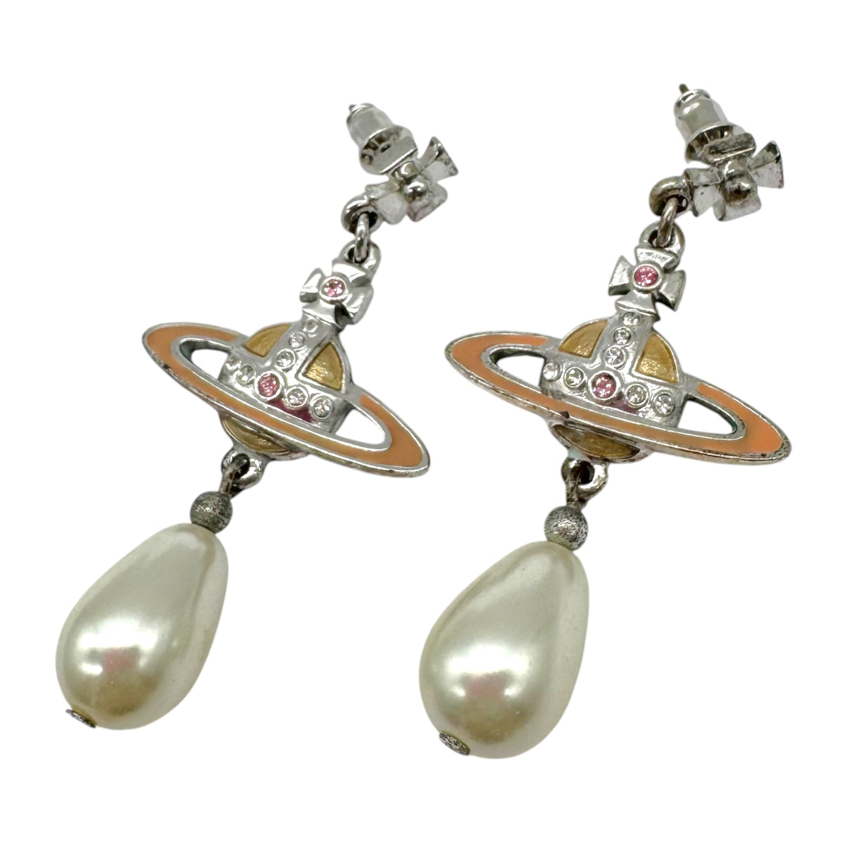 Vivienne Westwood Dangly Orb Logo Earrings Pink Crystal Pearl