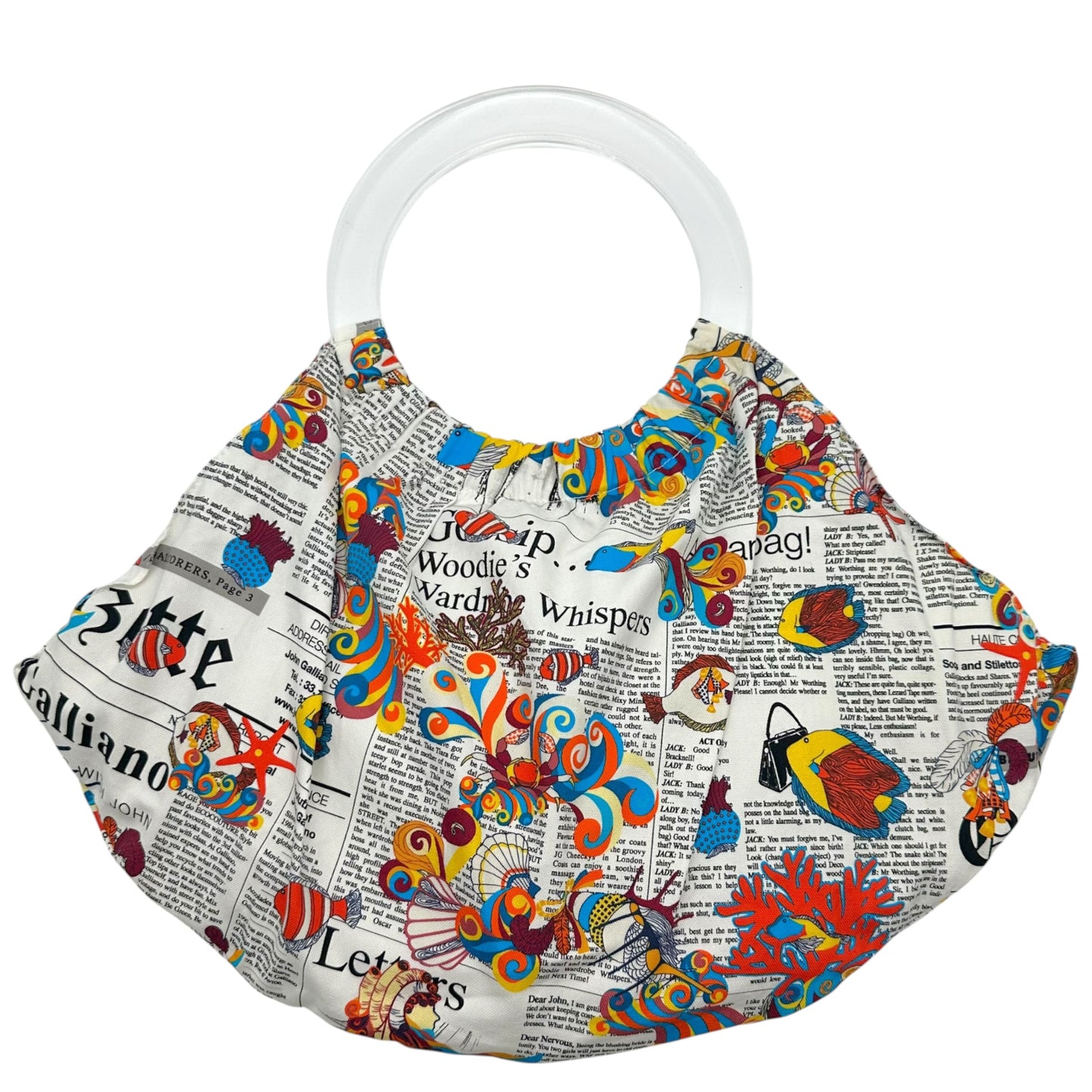 John Galliano Gazette Newsprint & Multicolor Fish Lucite Handle Tote Bag