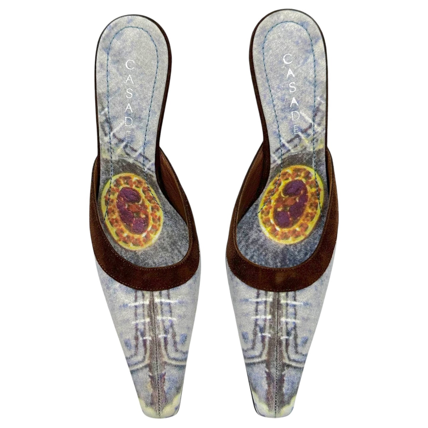 Casadei Denim Print Brown Suede Kitten Heel Mules