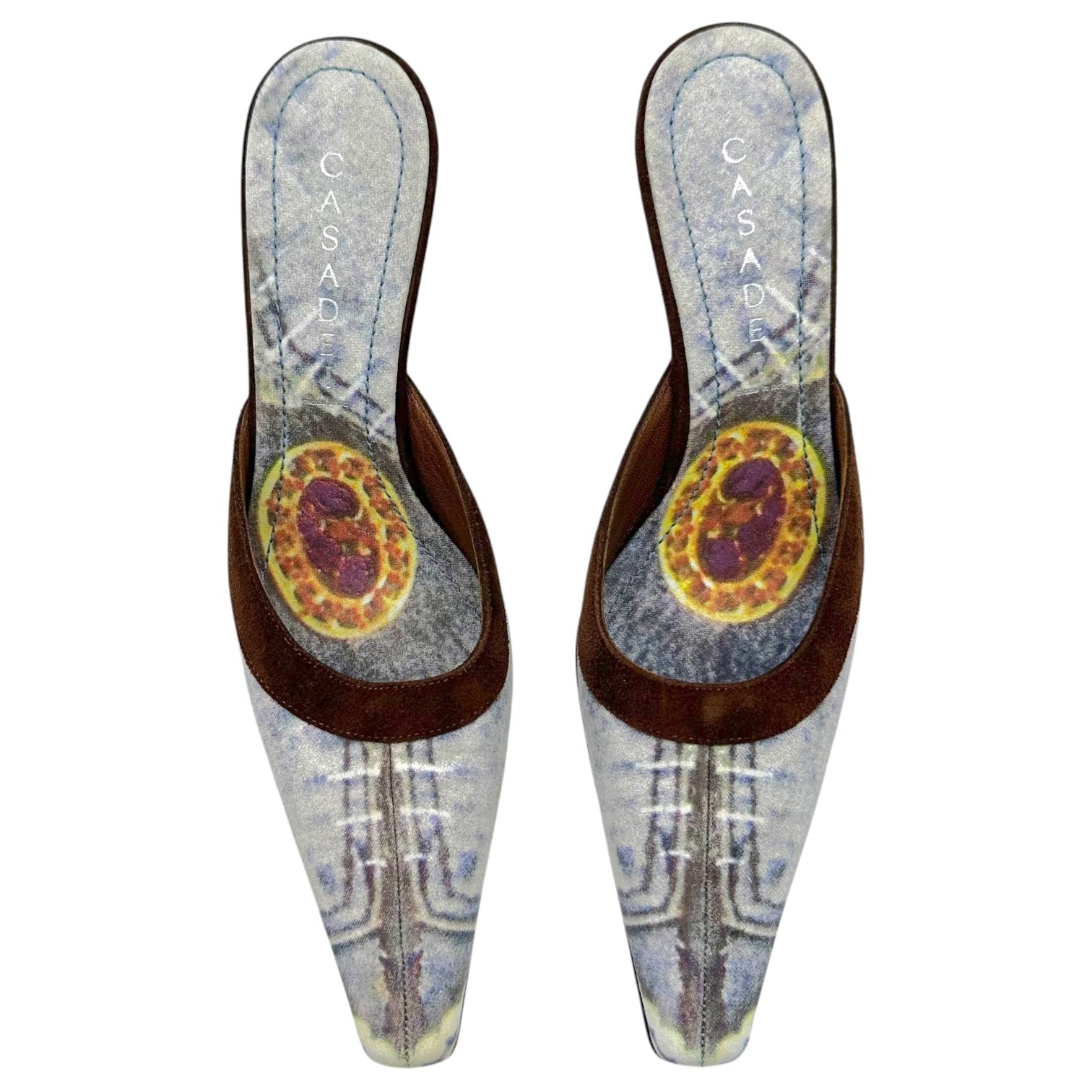 Casadei Denim Print Brown Suede Kitten Heel Mules