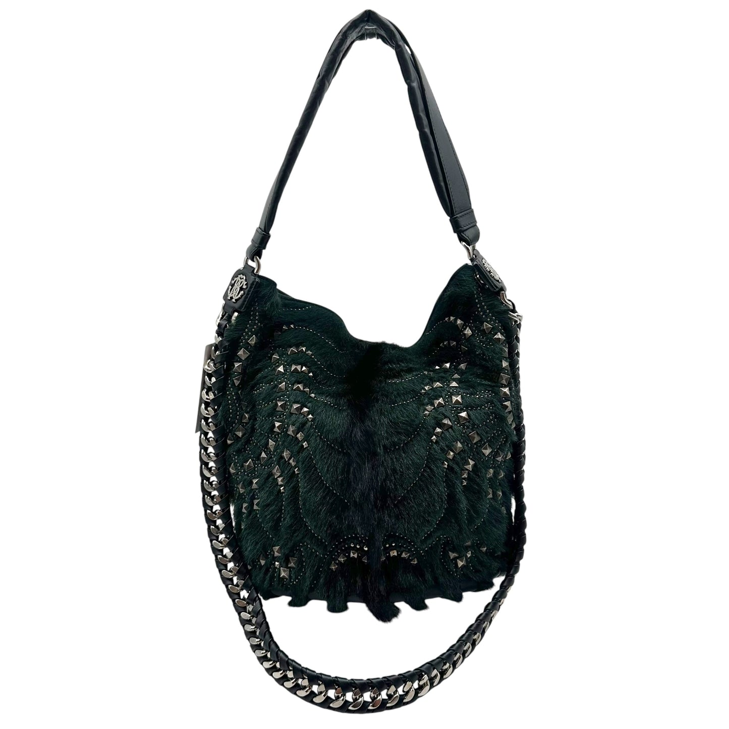 Roberto Cavalli F/W 2005 Dark Green & Gunmetal Gray Studded 2-Way Fur Bucket Bag
