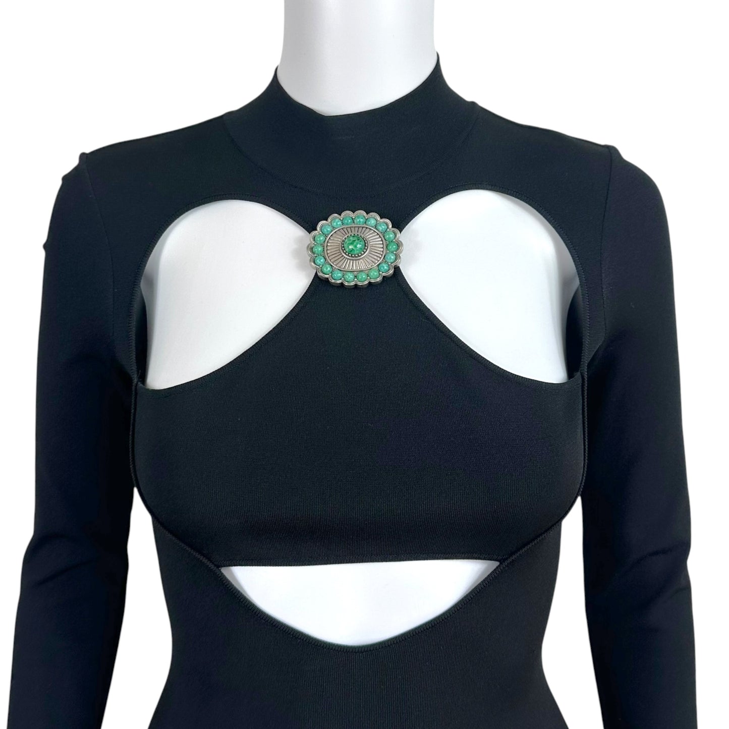 Roberto Cavalli Black Cut-Out Bodycon Mini Dress w/ Silver & Turquoise Applique
