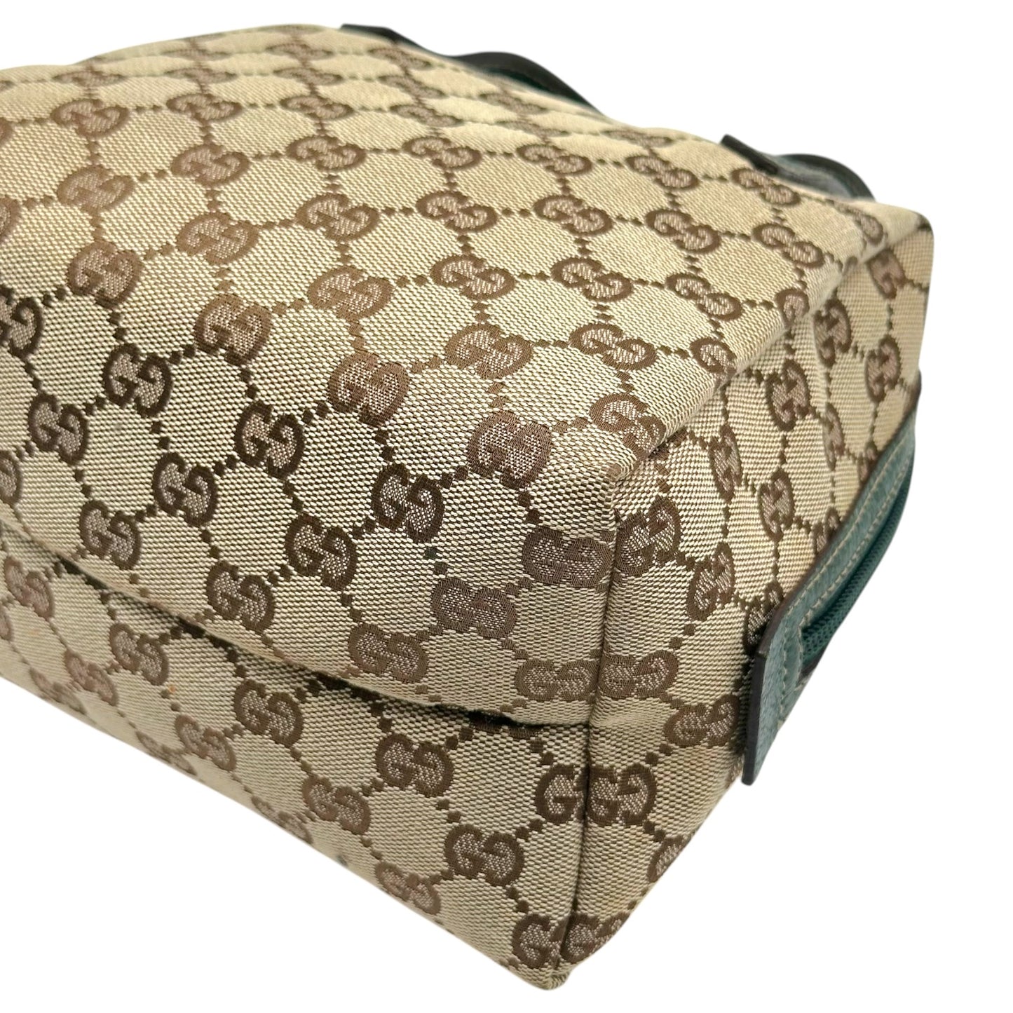 Gucci Tan Monogram & Forest Green Leather Top Handle Pochette Bag