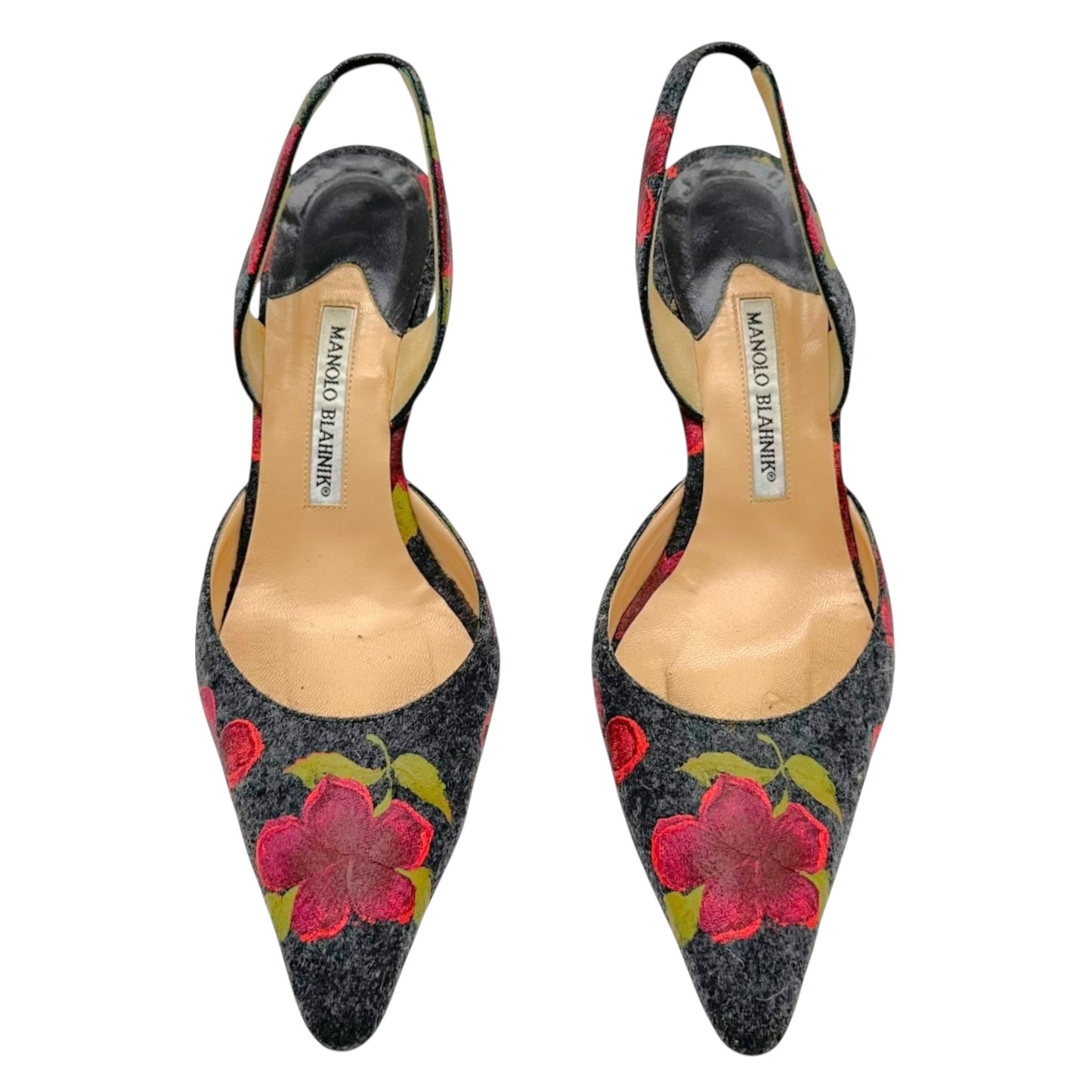 Manolo Blahnik Rose Hand Painted Slingback Heels