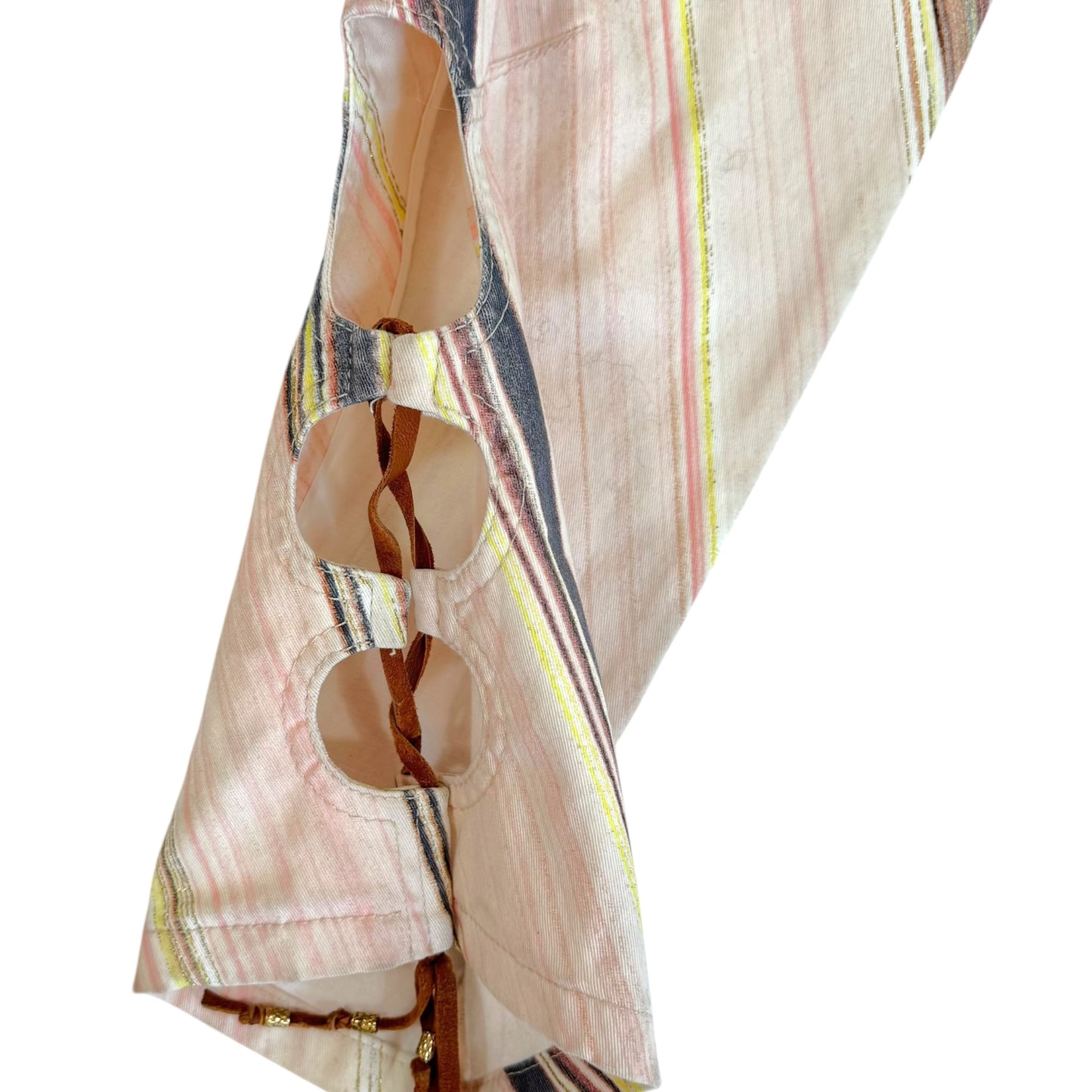 Roberto Cavalli 2003 Pink Multi Feather Print Lace Up Silk Tank & Capri Pants Set