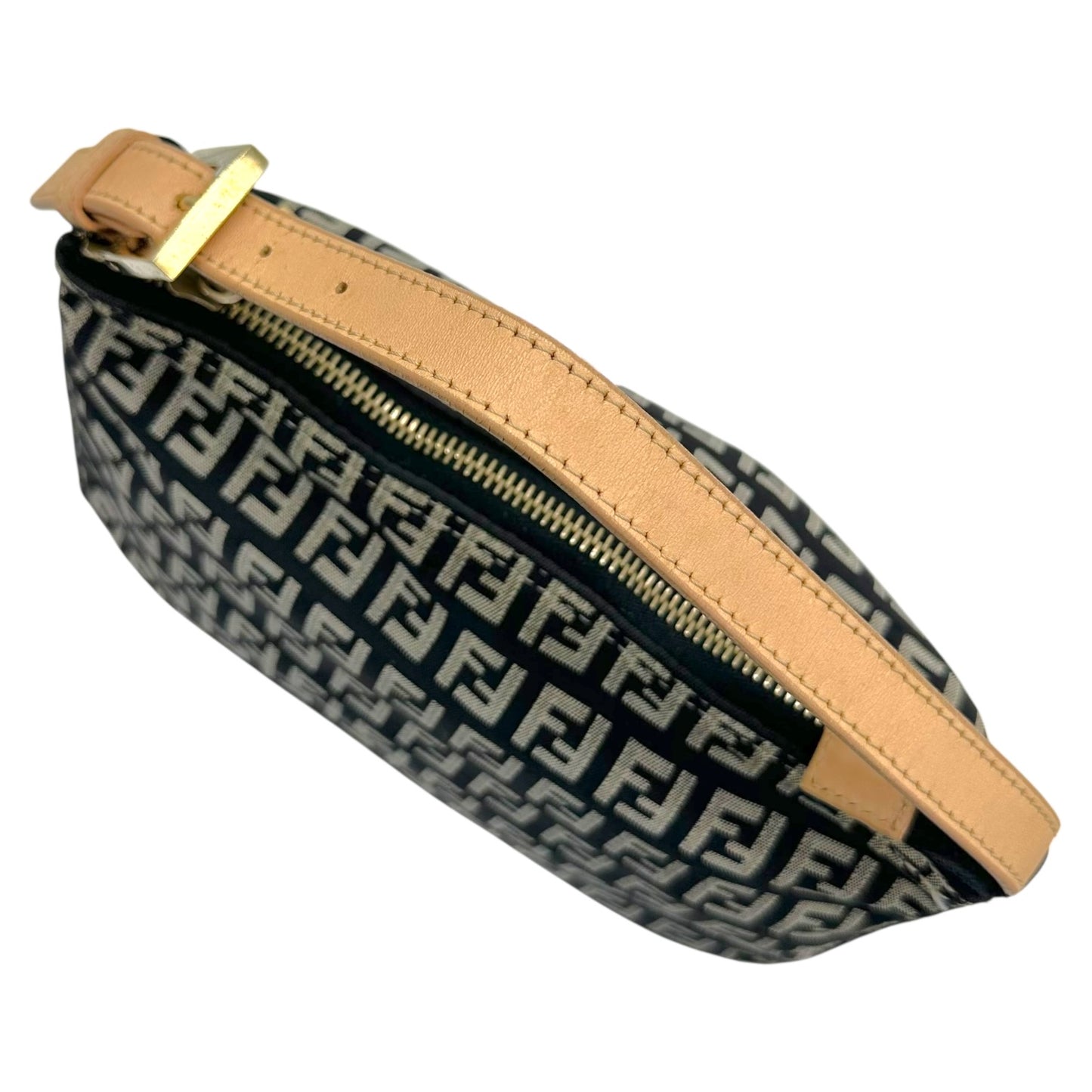 Fendi Black Zucchino Monogram Tan Leather Pochette Bag