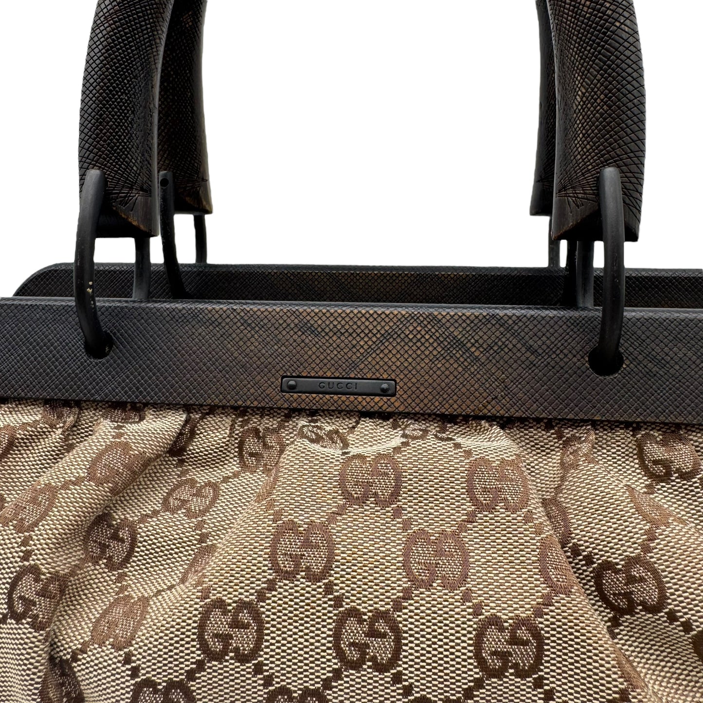 Gucci East-West Bag Tan Monogram Canvas Wooden Frame