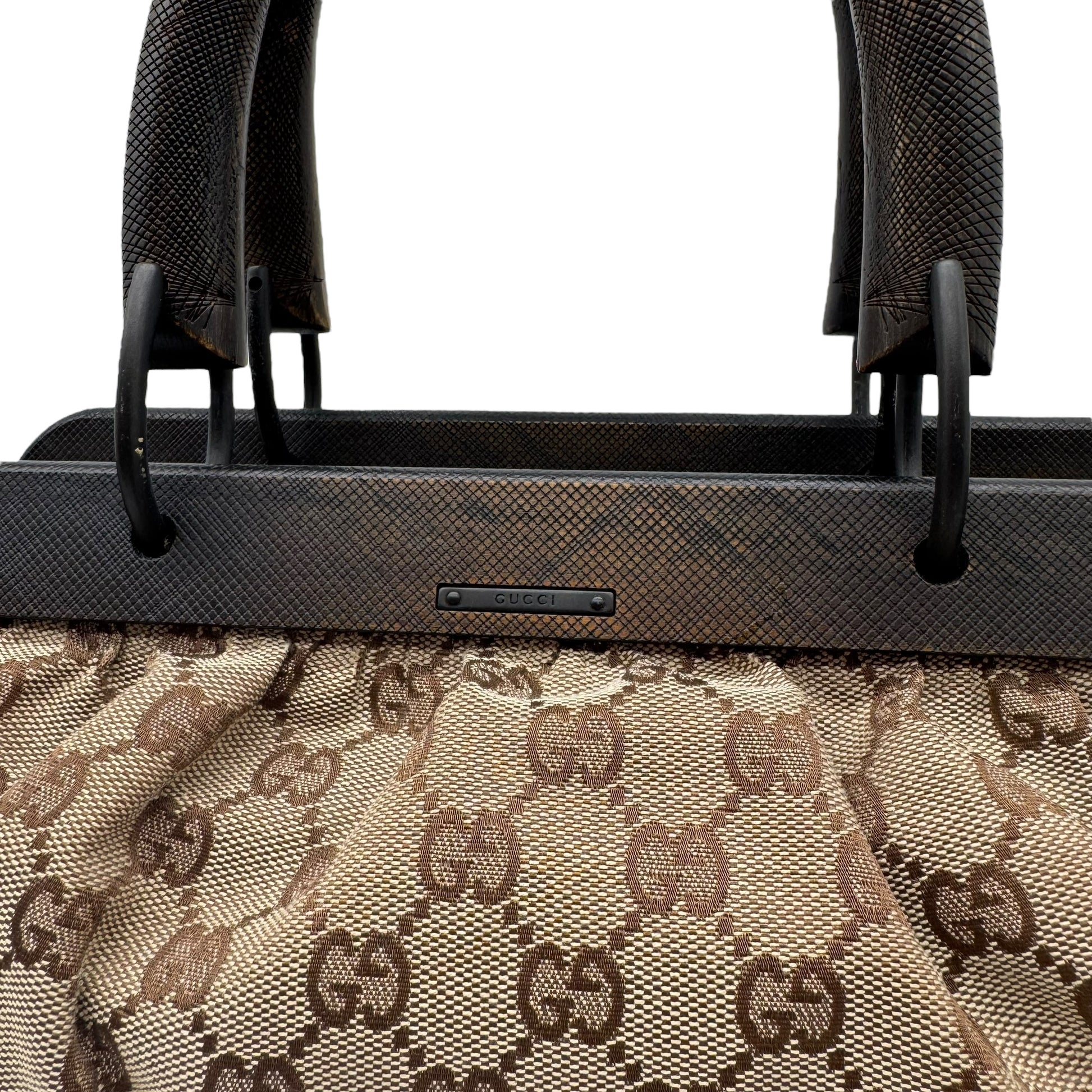 Gucci East-West Bag Tan Monogram Canvas Wooden Frame