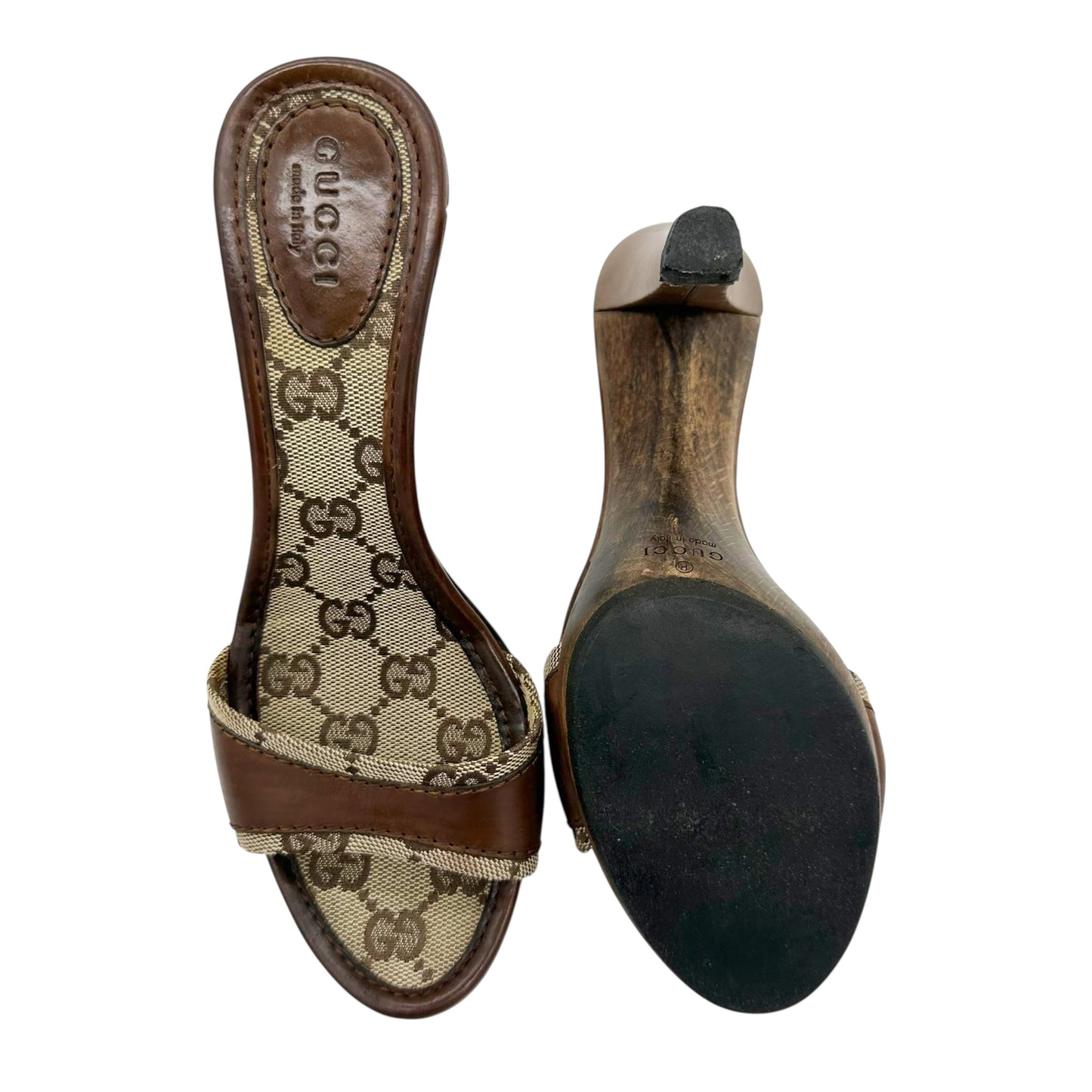 Gucci Tan Monogram Heeled Mule Sandals - Outfit Repeater