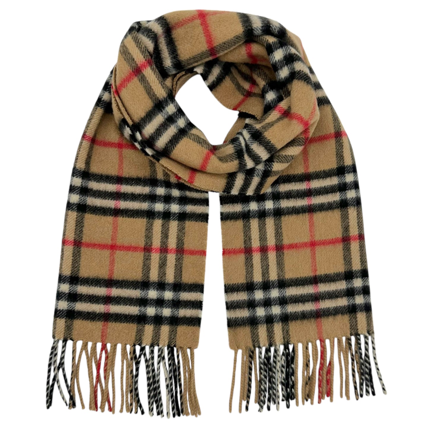 Burberry Cashmere Scarf Tan Plaid Fringed Edges