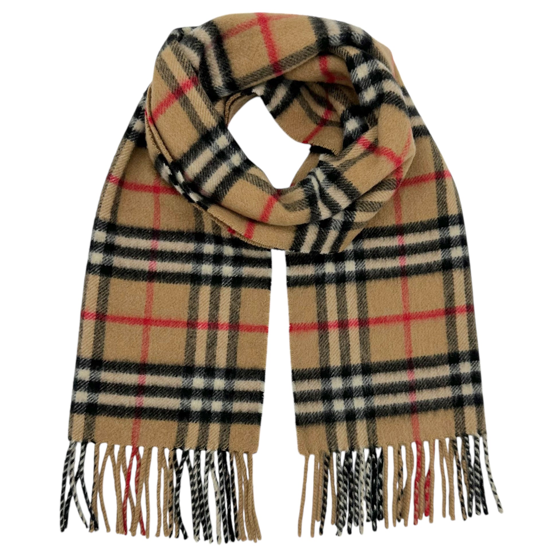 Burberry Cashmere Scarf Tan Plaid Fringed Edges