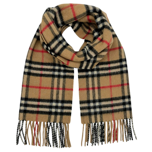 Burberry Cashmere Scarf Tan Plaid Fringed Edges