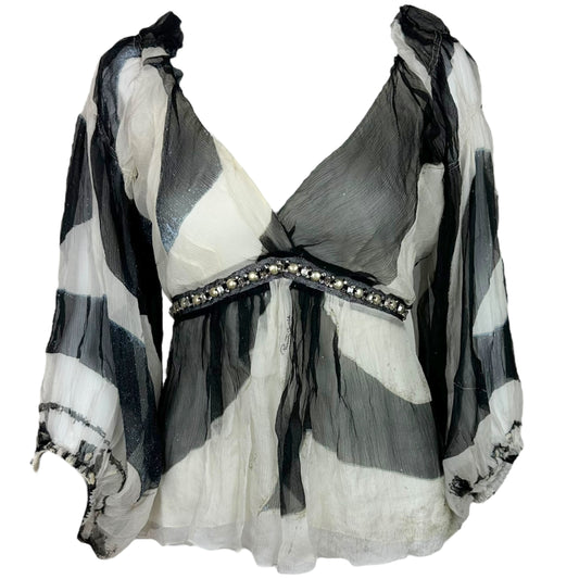 Roberto Cavalli 2007 Black & White Silk Rhinestone Embellished Blouse