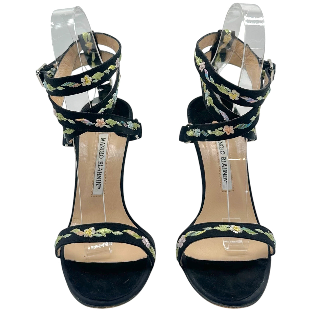 Manolo Blahnik Black Floral Embroidered Ankle Wrap Sandals