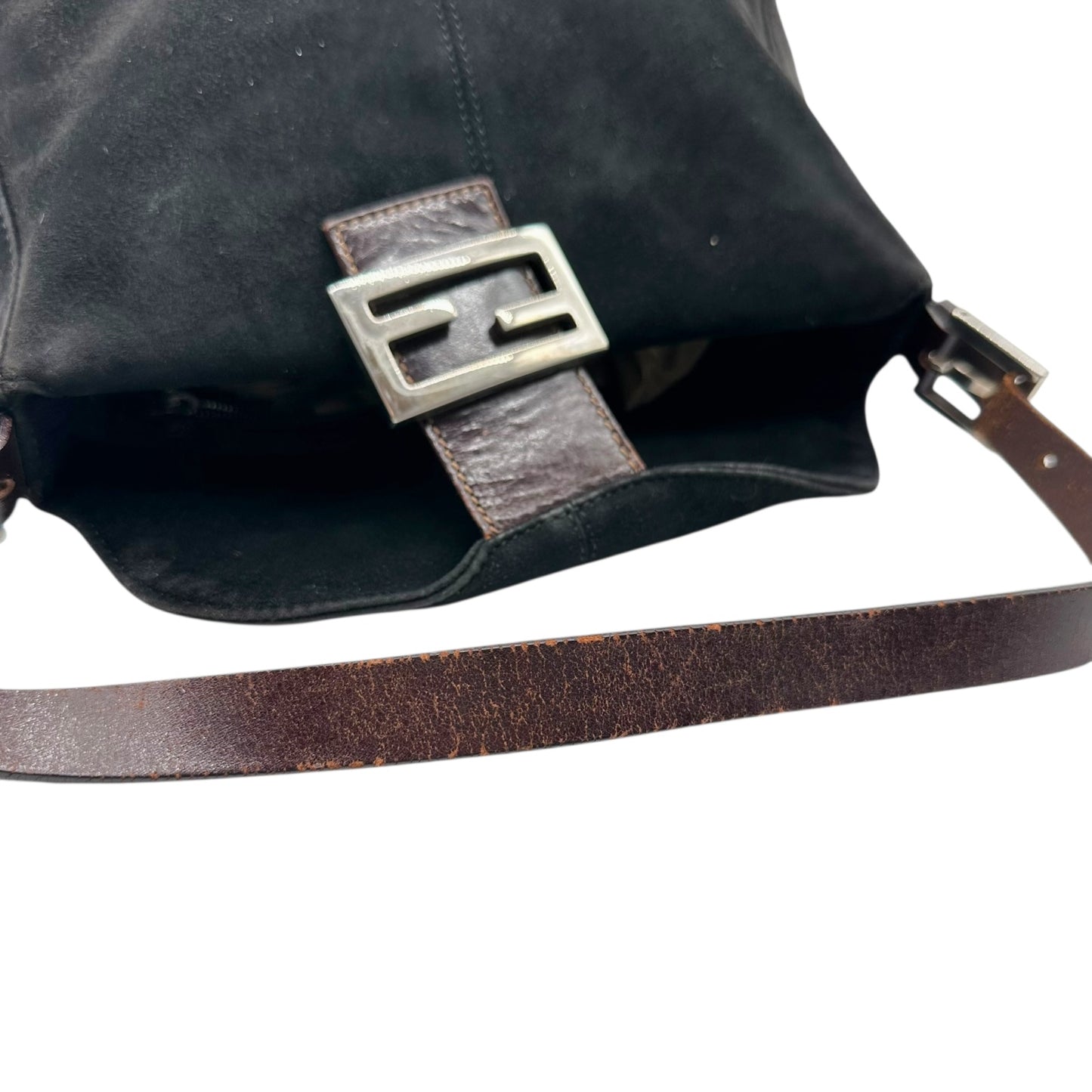 Fendi Black Suede & Brown Leather Trim Square Baguette Bag