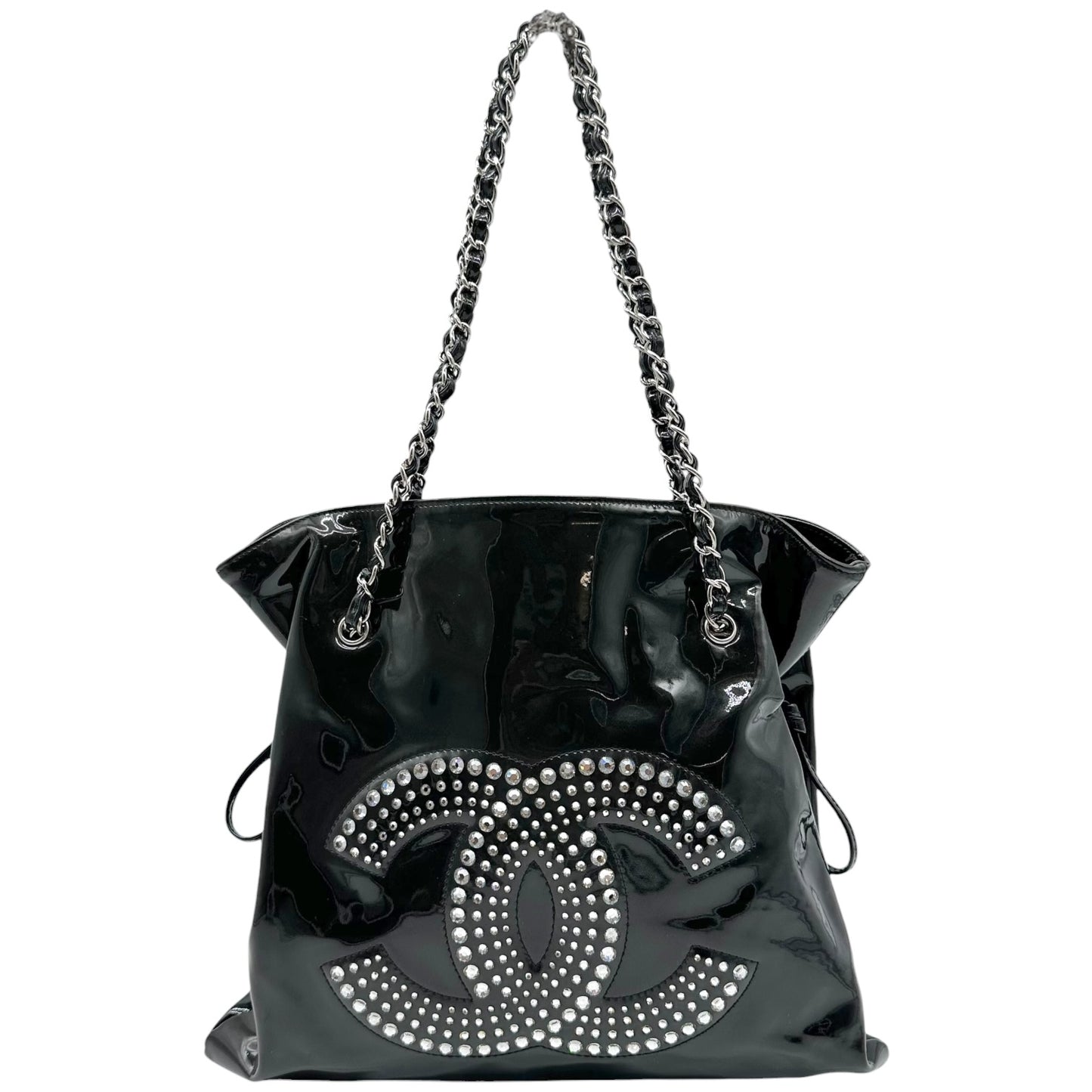 Chanel Black Patent Leather & Rhinestone CC Logo Shoulder Bag 2009-10