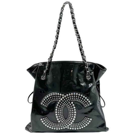 Chanel Black Patent Leather & Rhinestone CC Logo Shoulder Bag 2009-10