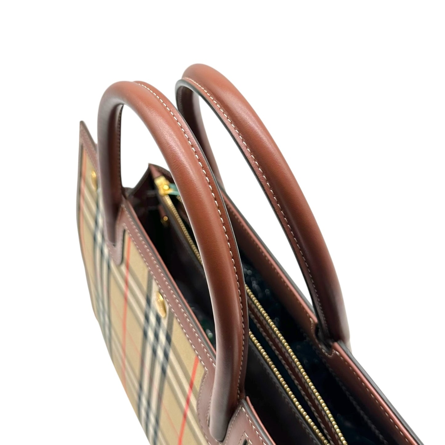 Burberry Brown Leather Nova Check Plaid Tote Handbag
