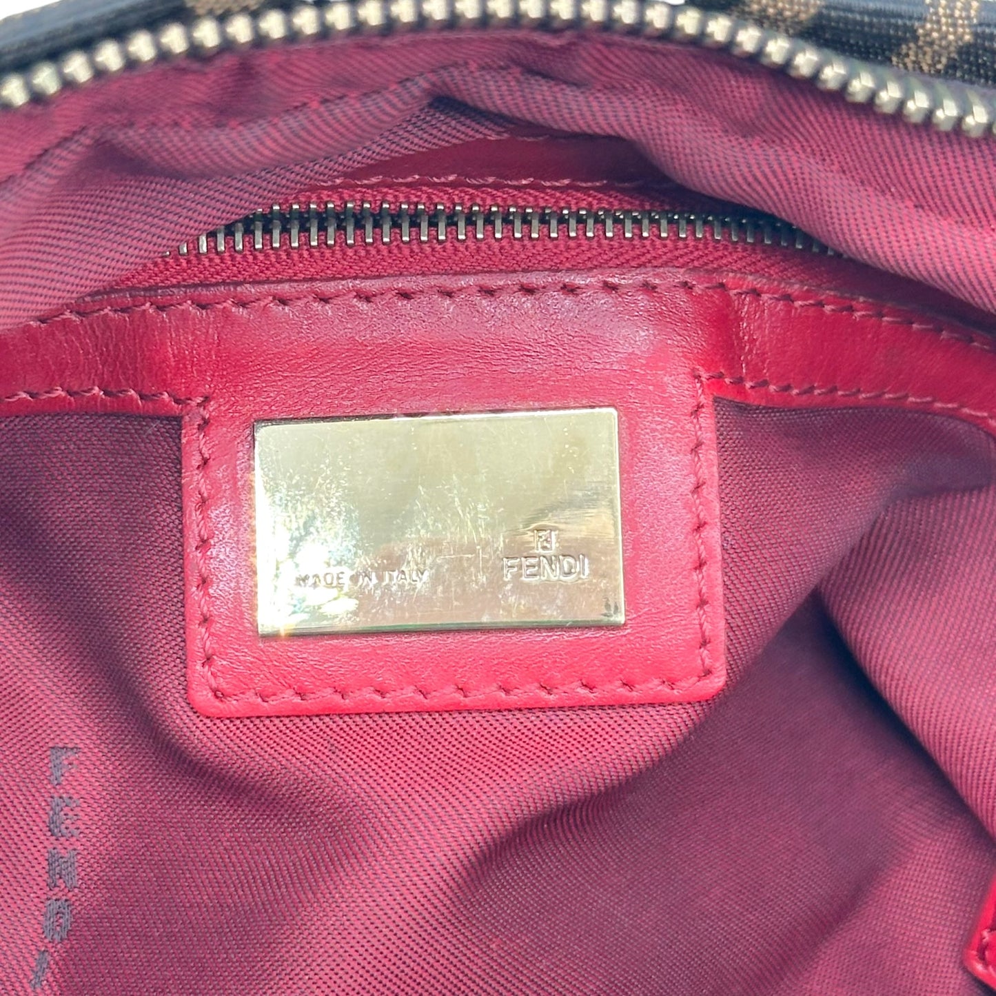 Fendi Zucca Monogram Shoulder Bag Red Leather Trim