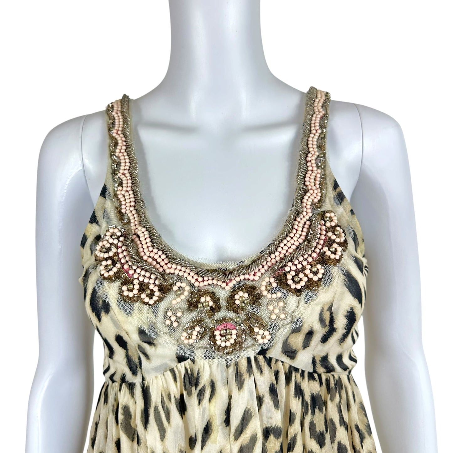 Blumarine Silk Mini Dress Leopard Print Beaded Scoop Neck