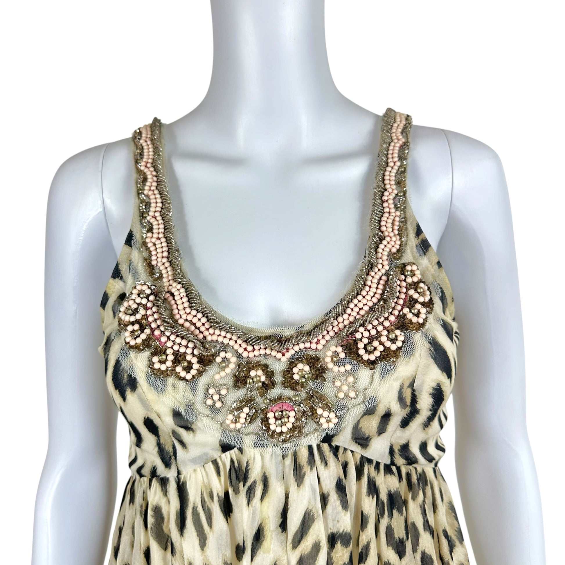 Blumarine Silk Mini Dress Leopard Print Beaded Scoop Neck