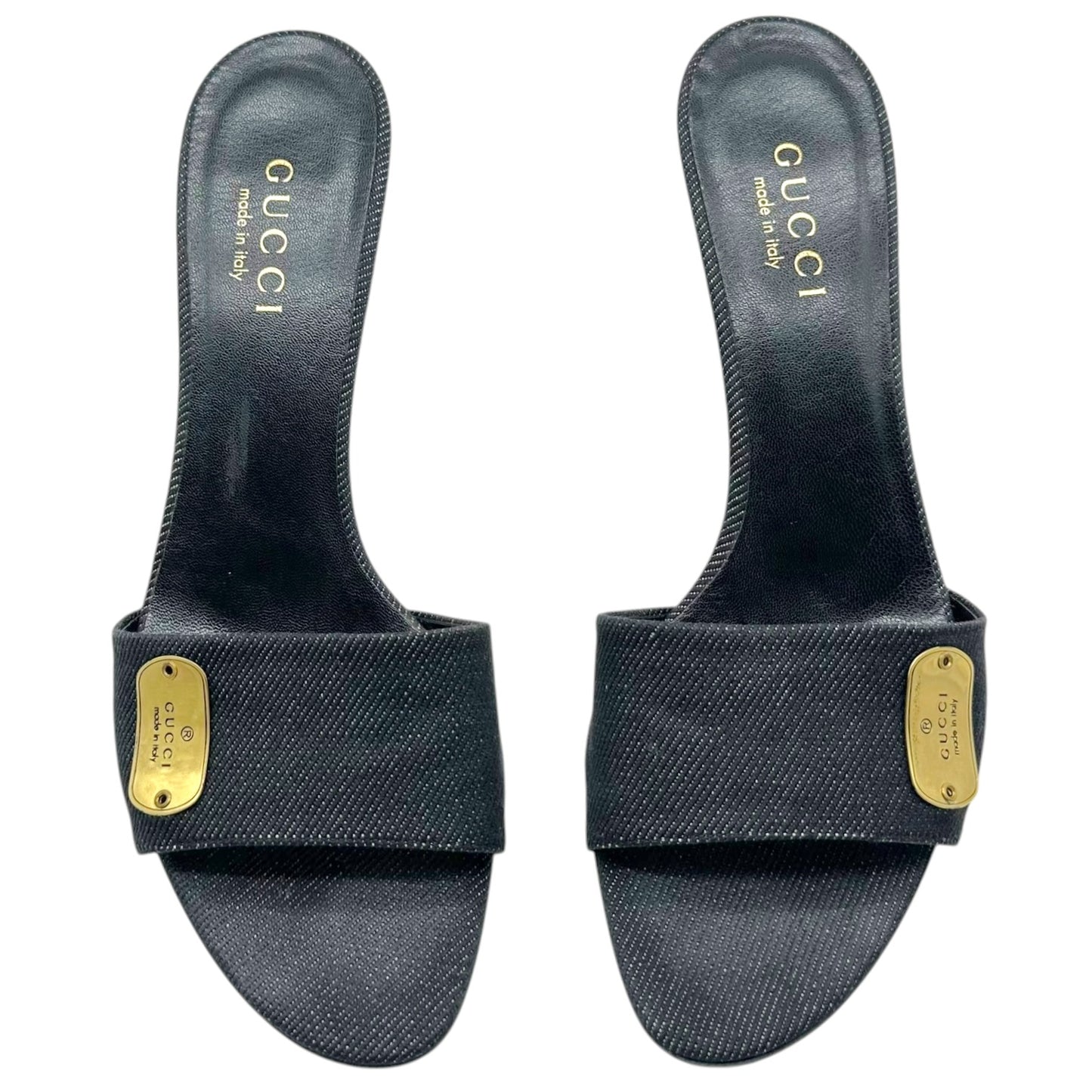 Gucci Dark Wash Denim Gold Kitten Heel Mules