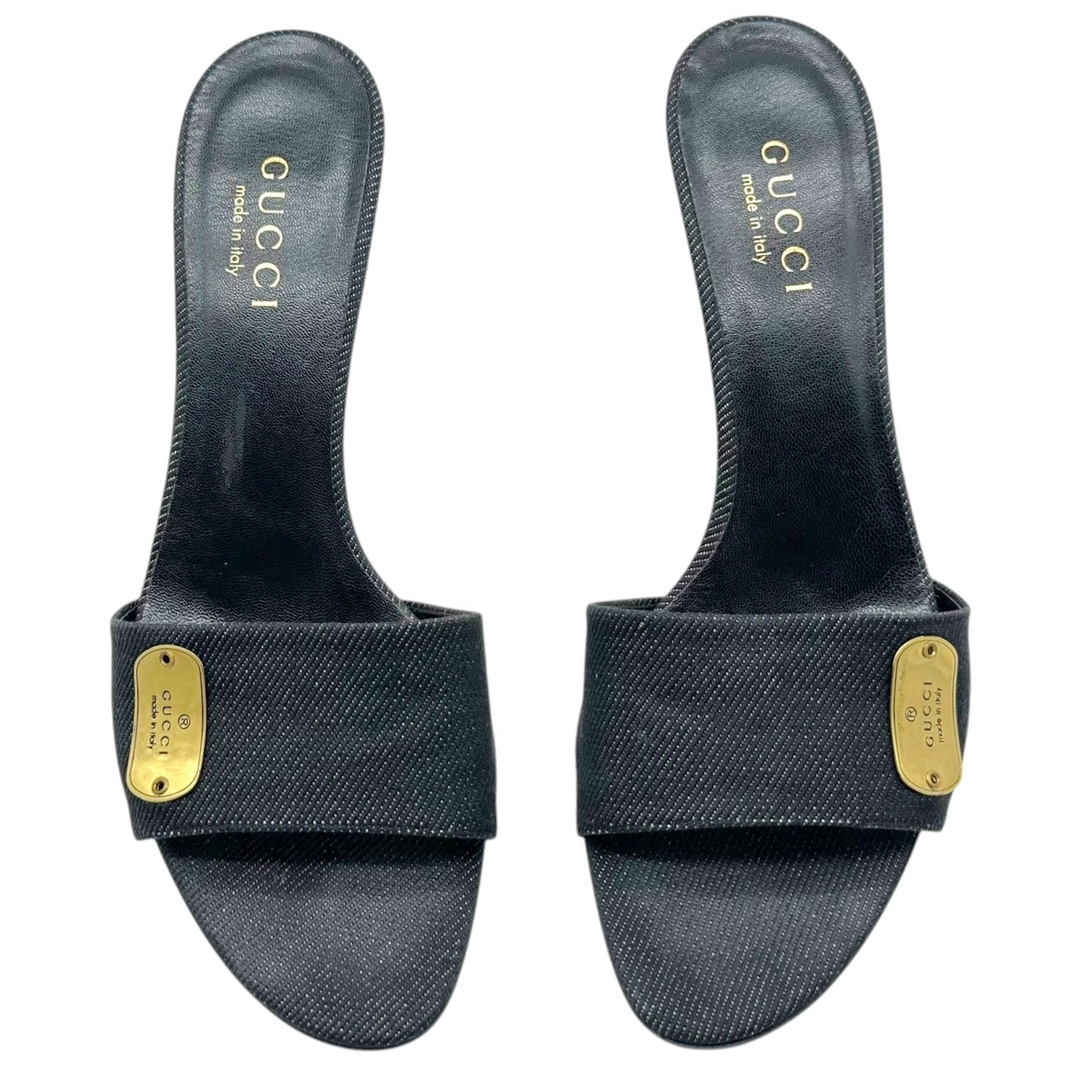 Gucci Dark Wash Denim Gold Kitten Heel Mules