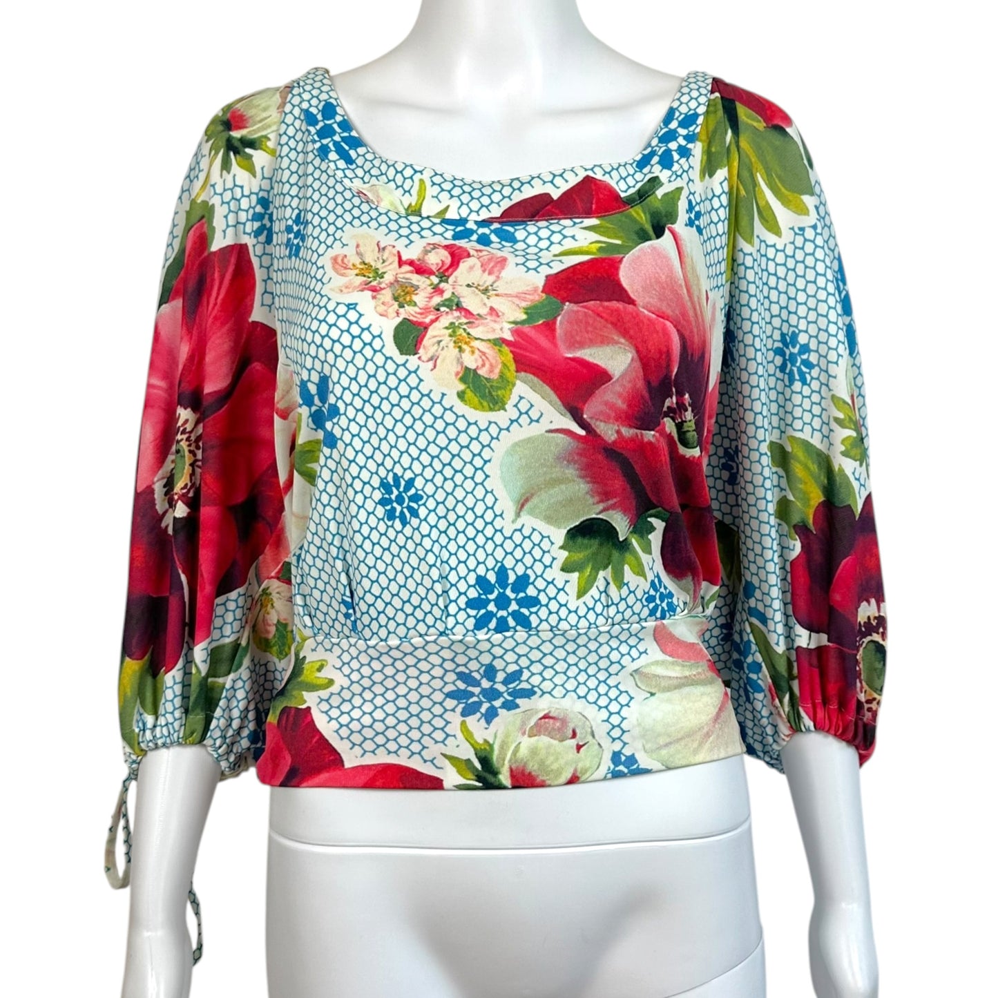 D&G Dolce & Gabbana Blue Floral Print Chain Embellished Crop Blouse Top