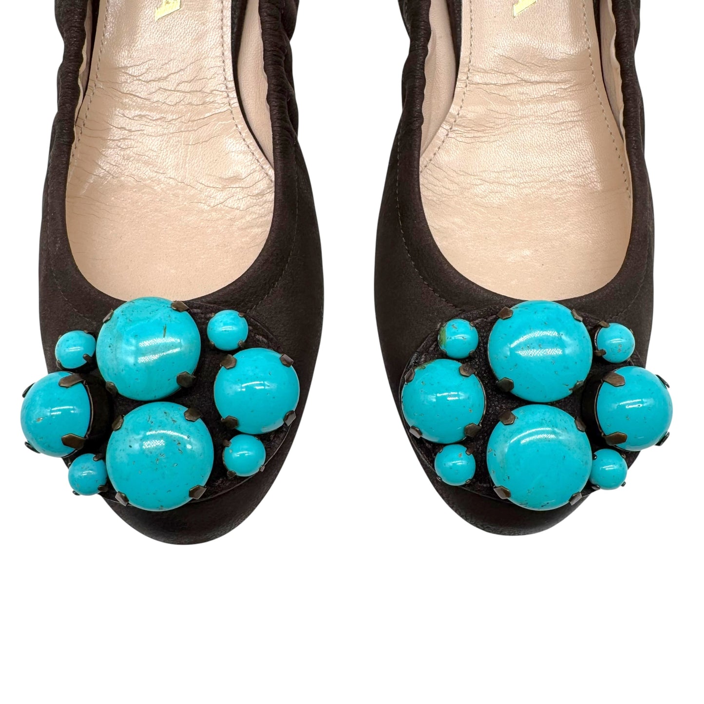 Prada Brown Leather & Turquoise Embellished Ballet Flats