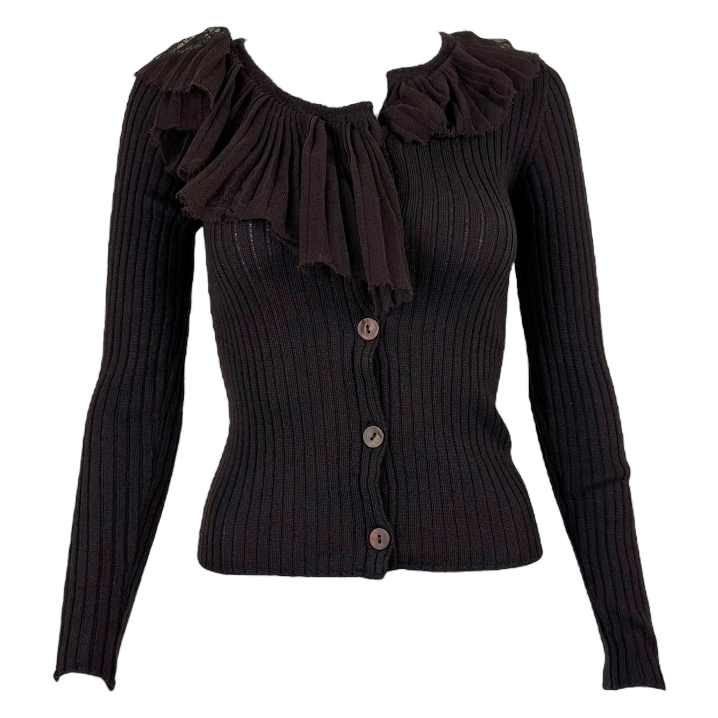 Jean Paul Gaultier Brown Wool Ruffle Embellished Cardigan - Outfit Repeater