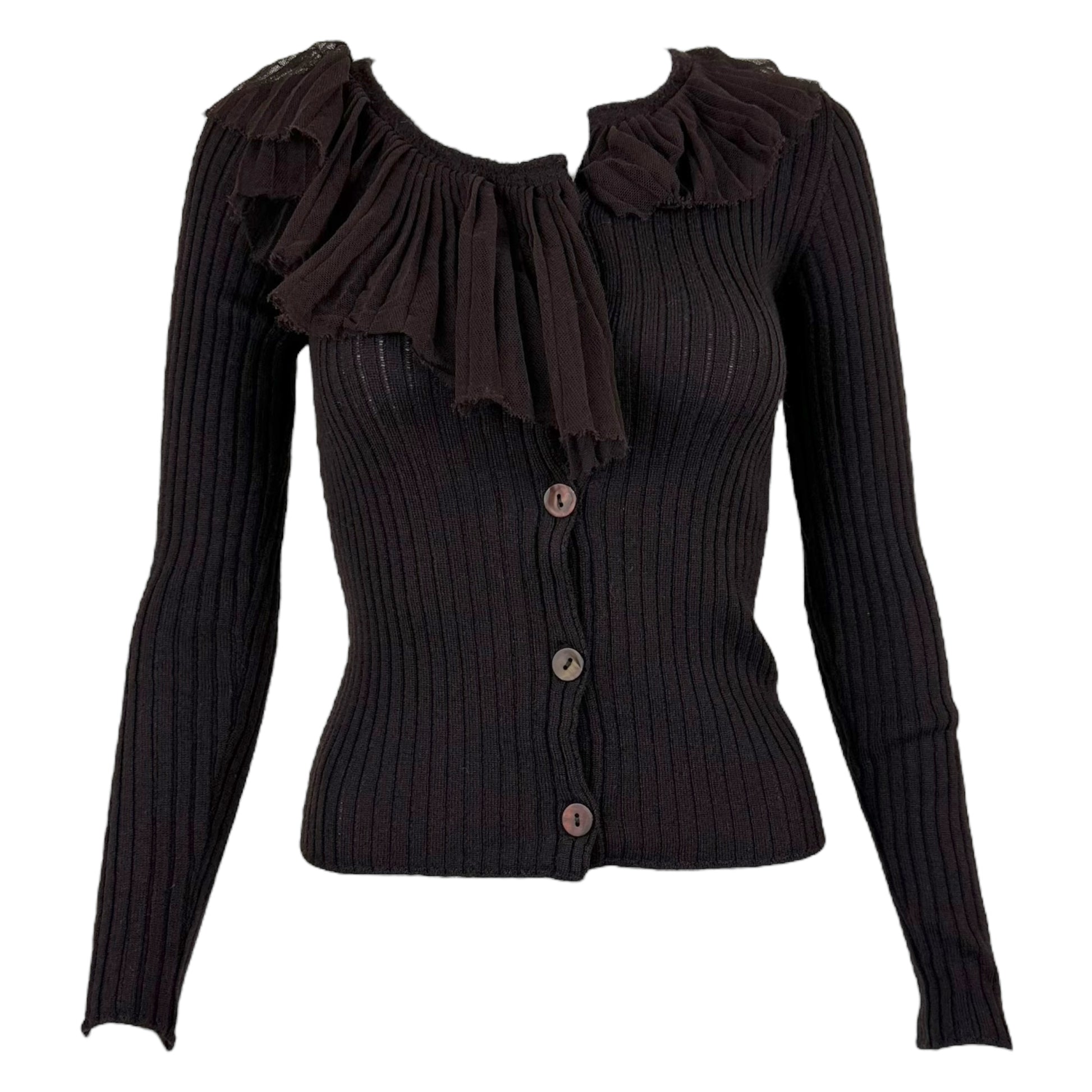 Jean Paul Gaultier Brown Wool Ruffle Embellished Cardigan - Outfit Repeater