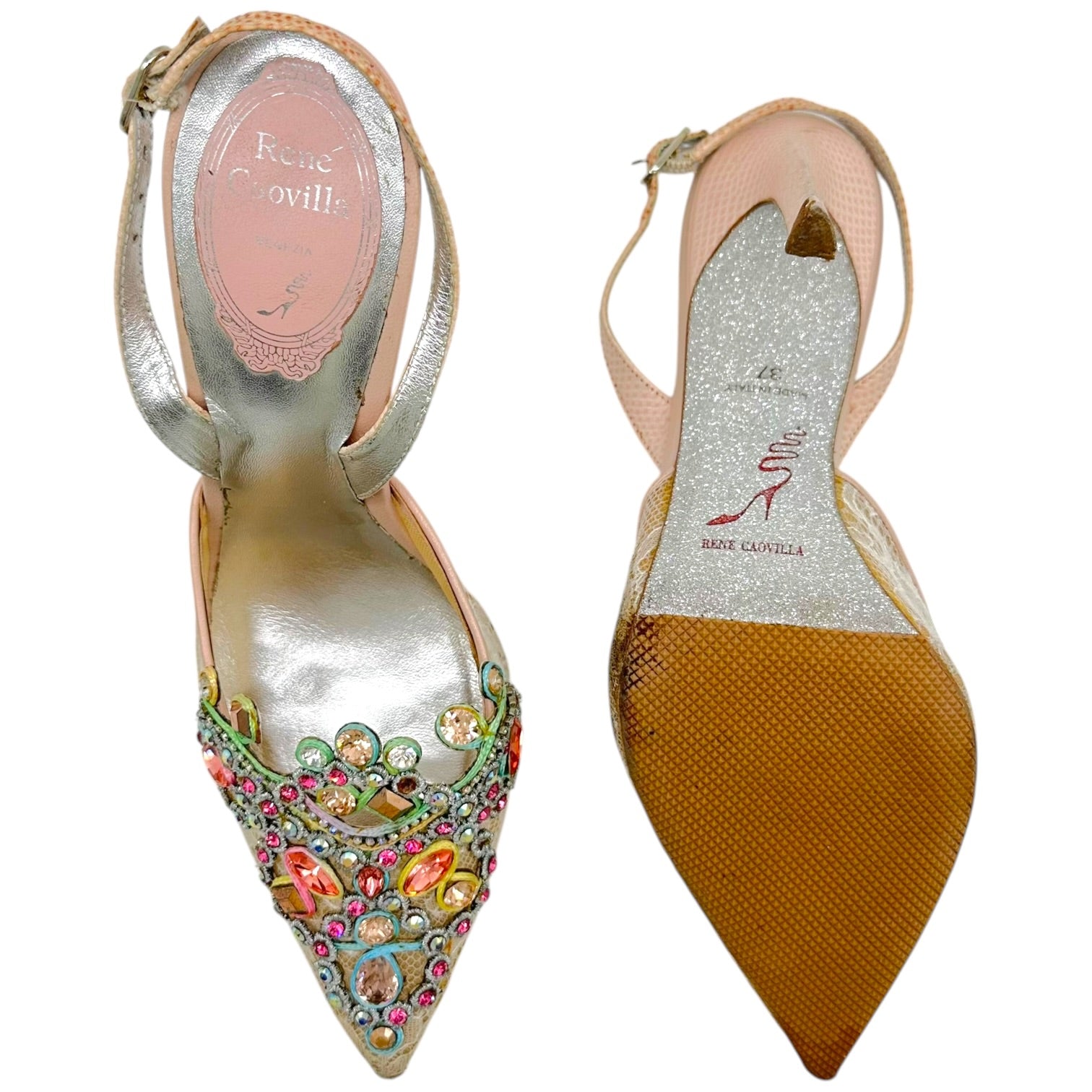 Rene Caovilla Slingback Heels Multicolor Crystal Beige Lace