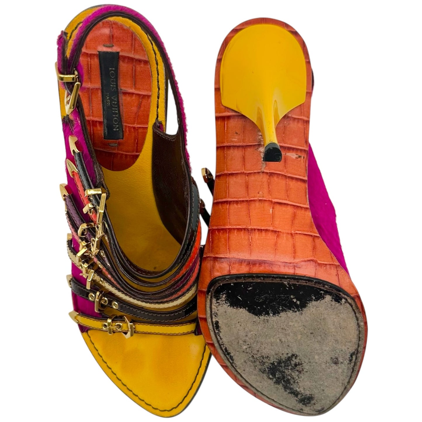 Louis Vuitton Multicolor Croc & Ponyhair Multi-Strap Sandal Heels