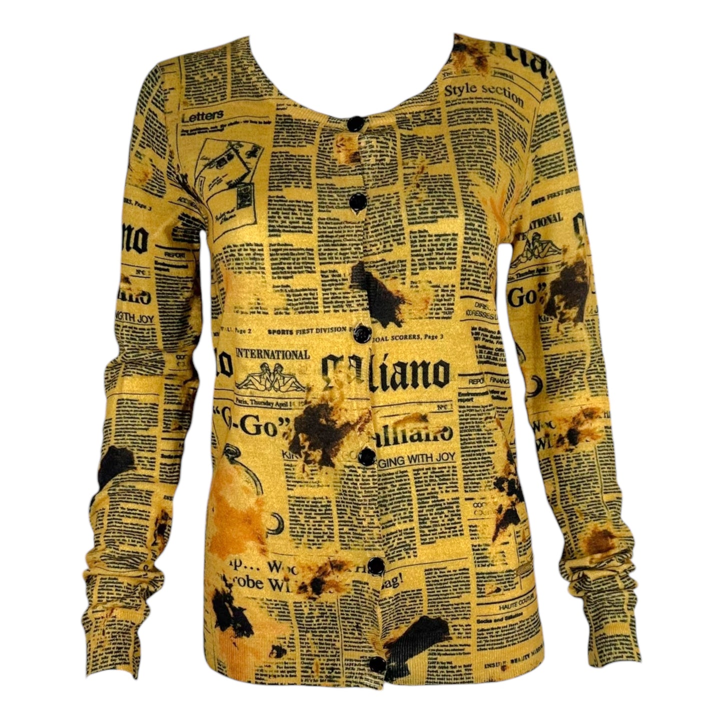 Galliano Yellow & Black Gazette Printed Cashmere Cardigan NEW