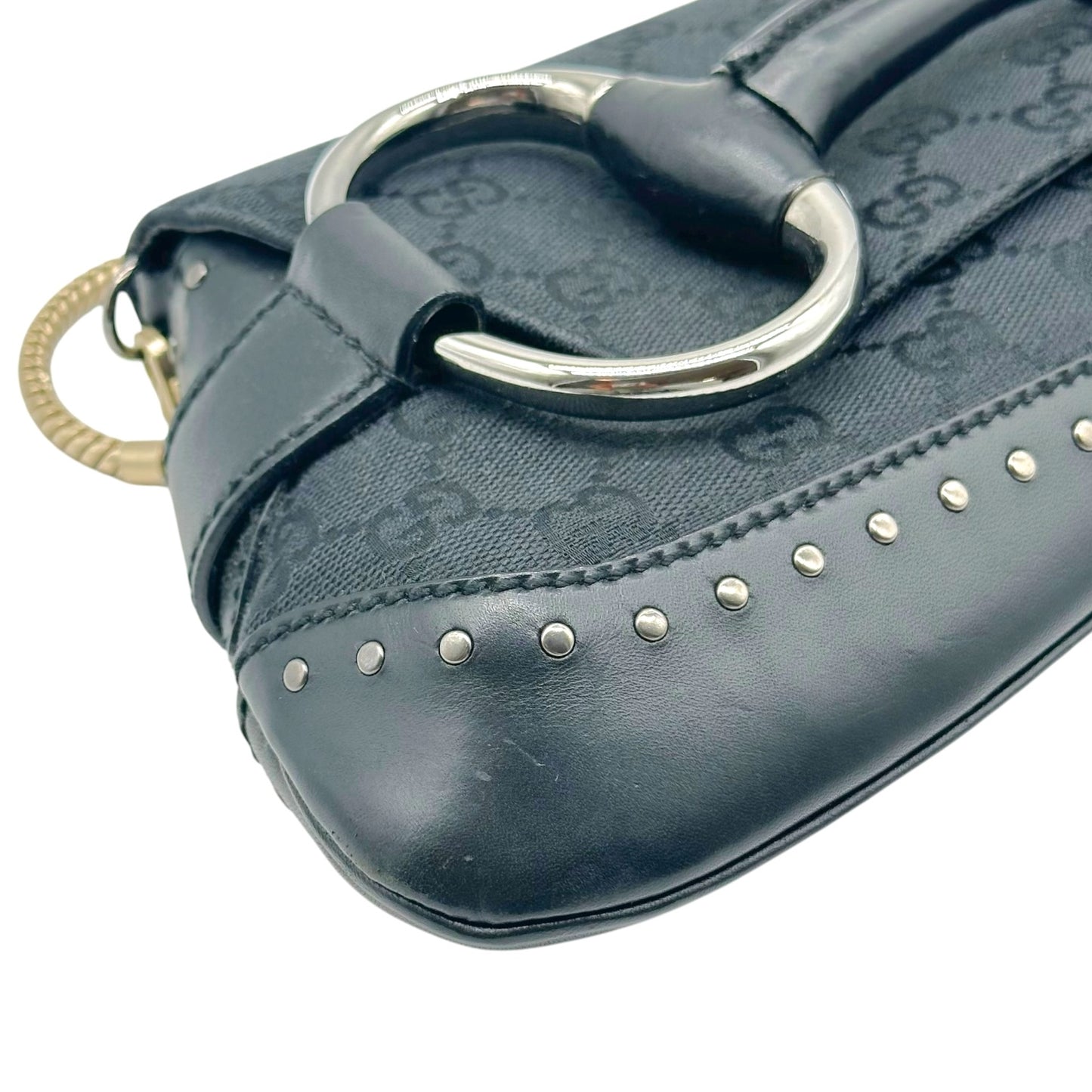 Gucci Black Studded Monogram Large Horsebit Clutch