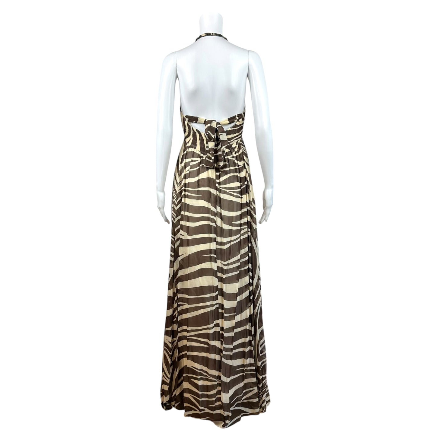 BCBGMaxAzria Brown & Ivory Zebra Print Silk Halter Maxi Dress