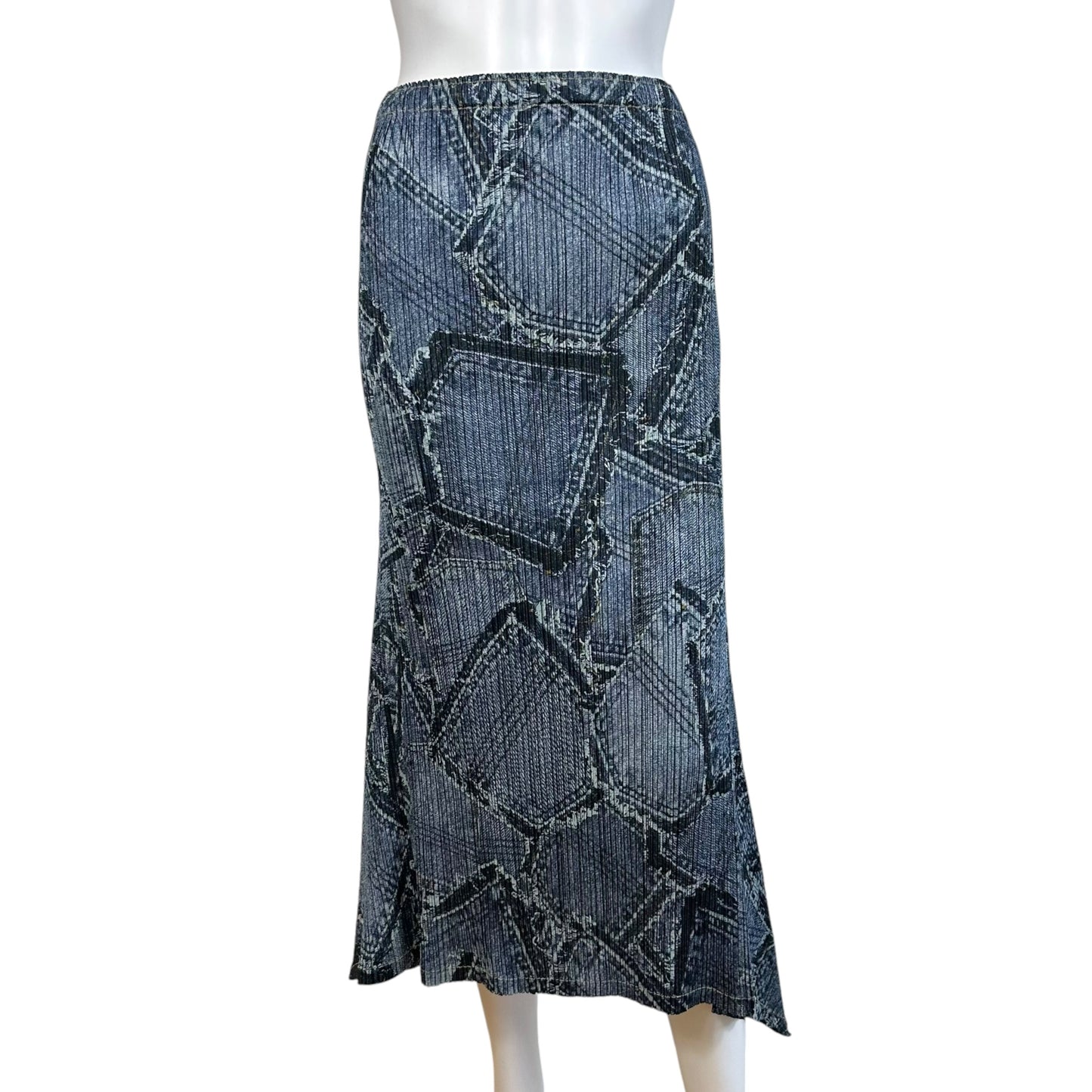 Issey Miyake Pleats Please Patchwork Denim Print Pleated Maxi Skirt