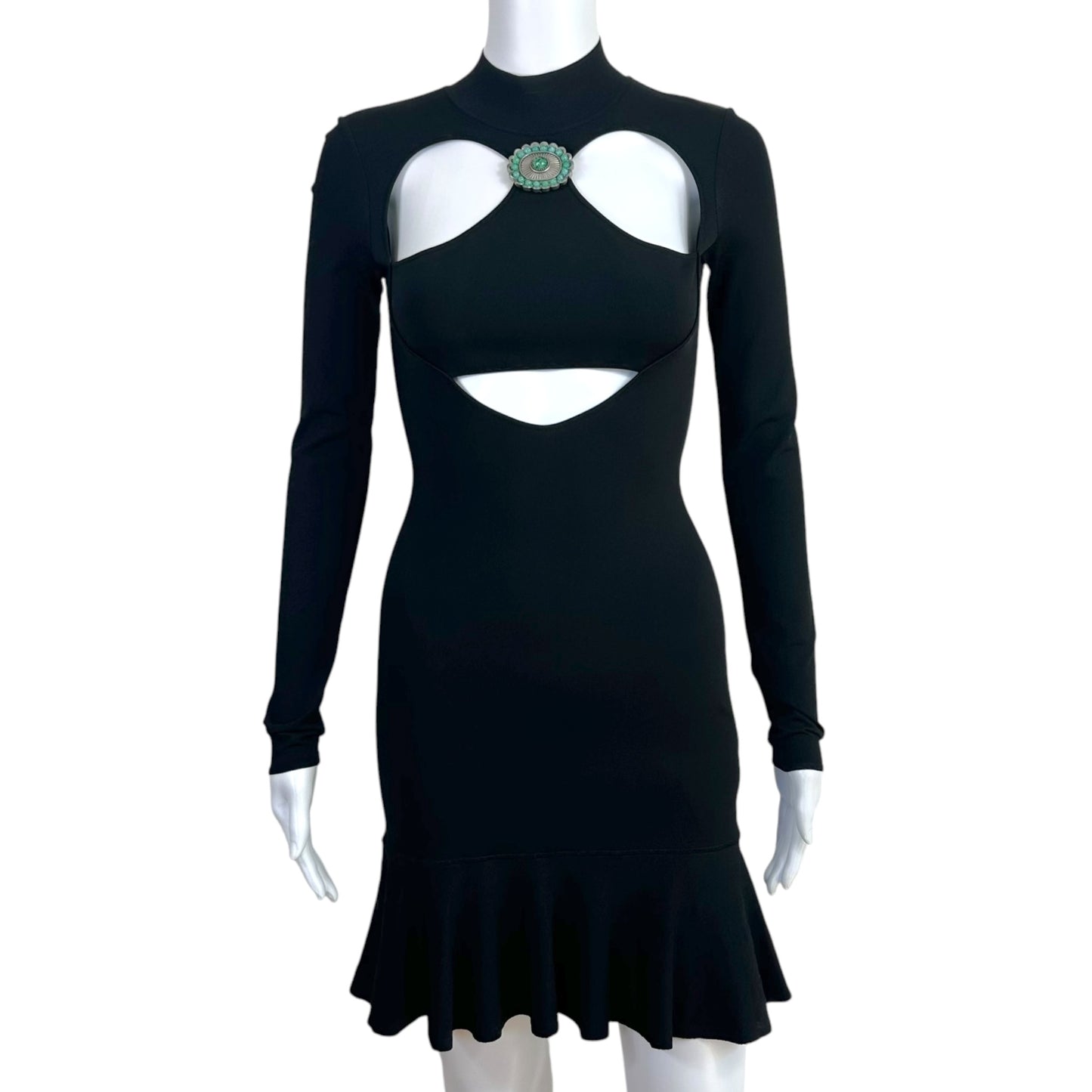 Roberto Cavalli Black Cut-Out Bodycon Mini Dress w/ Silver & Turquoise Applique