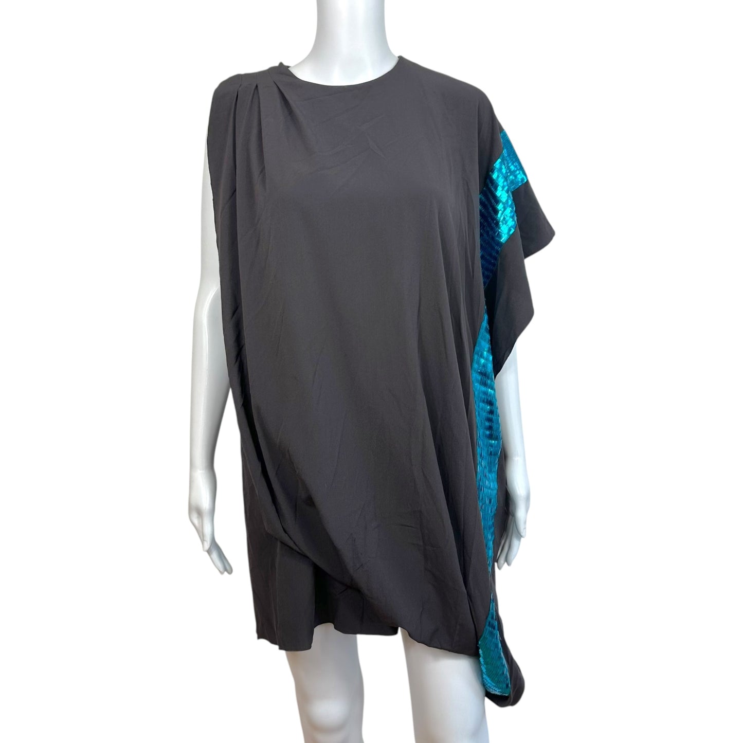 Missoni Brown Silk & Turquoise Sequin Embellished Asymmetrical Batwing Sleeve Mini Dress